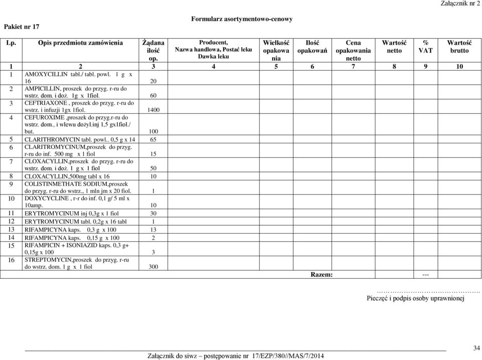 500 mg x 1 fiol 15 7 CLOXACYLLIN,proszek do przyg. r-ru do wstrz. dom. i doż. 1 g x 1 fiol 50 8 CLOXACYLLIN,500mg tabl x 16 10 9 COLISTINMETHATE SODIUM,proszek do przyg. r-ru do wstrz., 1 mln jm x 20 fiol.