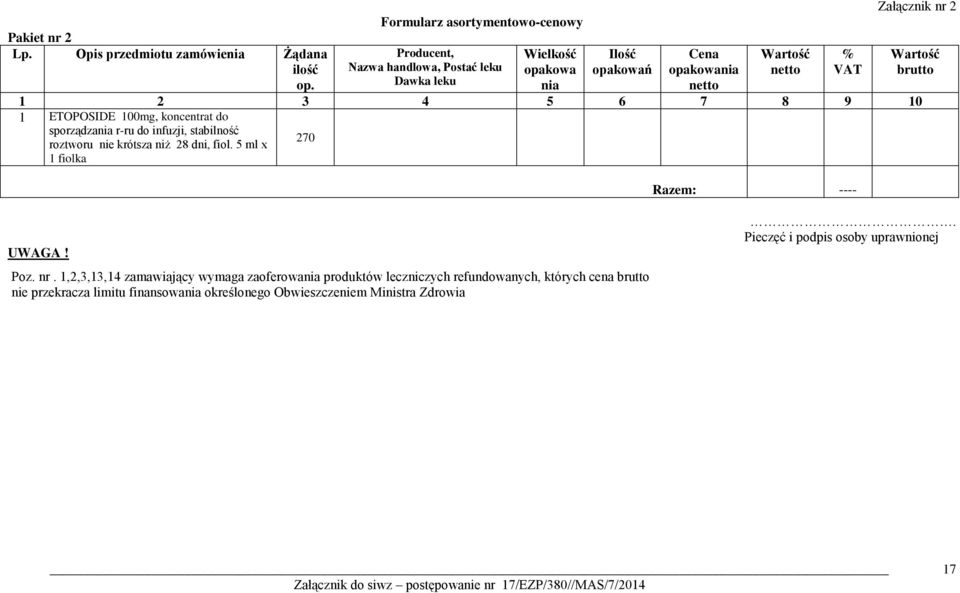 5 ml x 1 fiolka 270 Razem: ---- Załącznik nr 