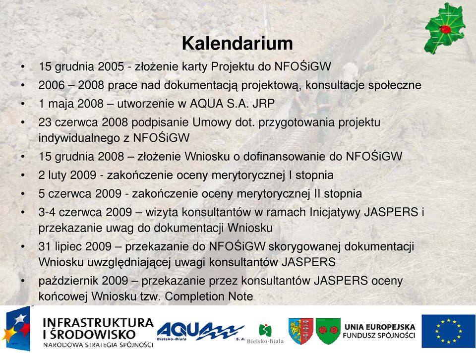 przygotowania projektu indywidualnego z NFOŚiGW 15 grudnia 2008 złożenie Wniosku o dofinansowanie do NFOŚiGW 2 luty 2009 - zakończenie oceny merytorycznej I stopnia 5 czerwca 2009 - zakończenie oceny