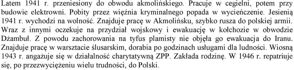 Wraz z innymi oczekuje na przydział wojskowy i ewakuację w kołchozie w obwodzie Dżambuł. Z powodu zachorowania na tyfus plamisty nie objęła go ewakuacja do Iranu.