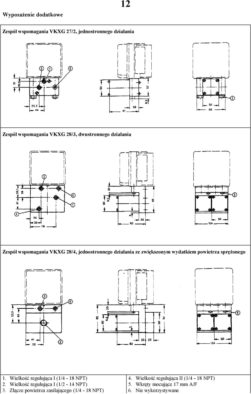 1. Wielkość regulująca I (1/4-18 NPT) 2. Wielkość regulująca I (1/2-14 NPT) 3.