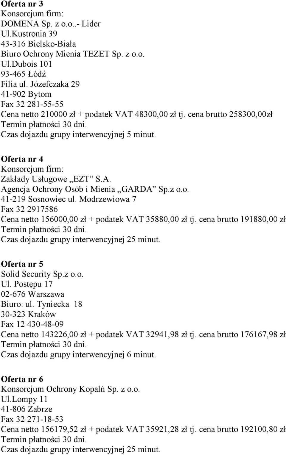 z o.o. 41-219 Sosnowiec ul. Modrzewiowa 7 Fax 32 2917586 Cena netto 156000,00 zł + podatek VAT 35880,00 zł tj. cena brutto 191880,00 zł Oferta nr 5 Solid Security Sp.z o.o. Ul.