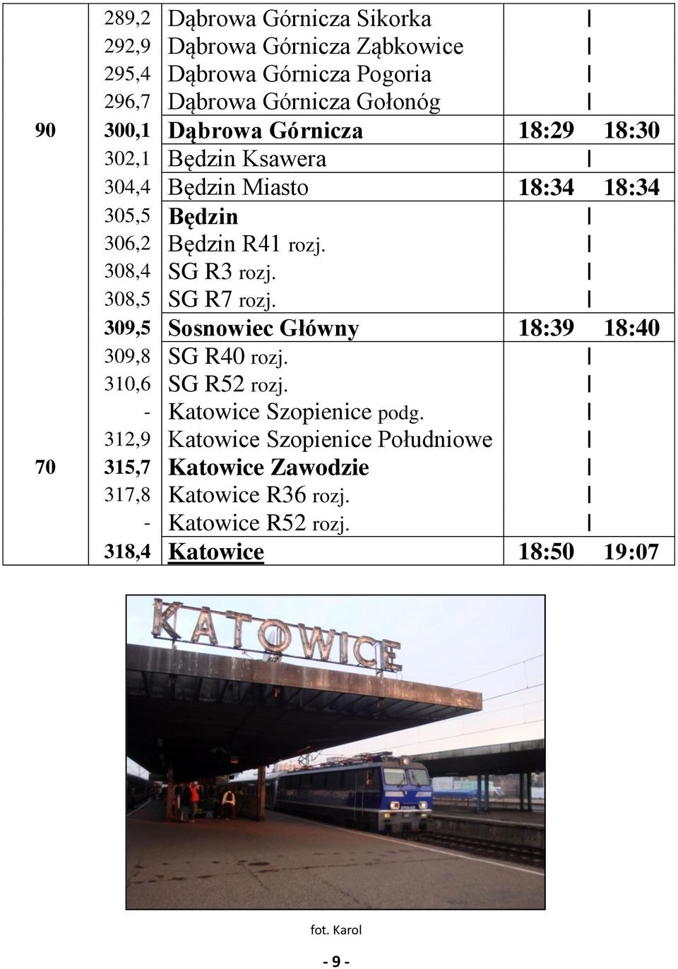 308,5 SG R7 rozj. 309,5 Sosnowiec Główny 18:39 18:40 309,8 SG R40 rozj. 310,6 SG R52 rozj. - Katowice Szopienice podg.