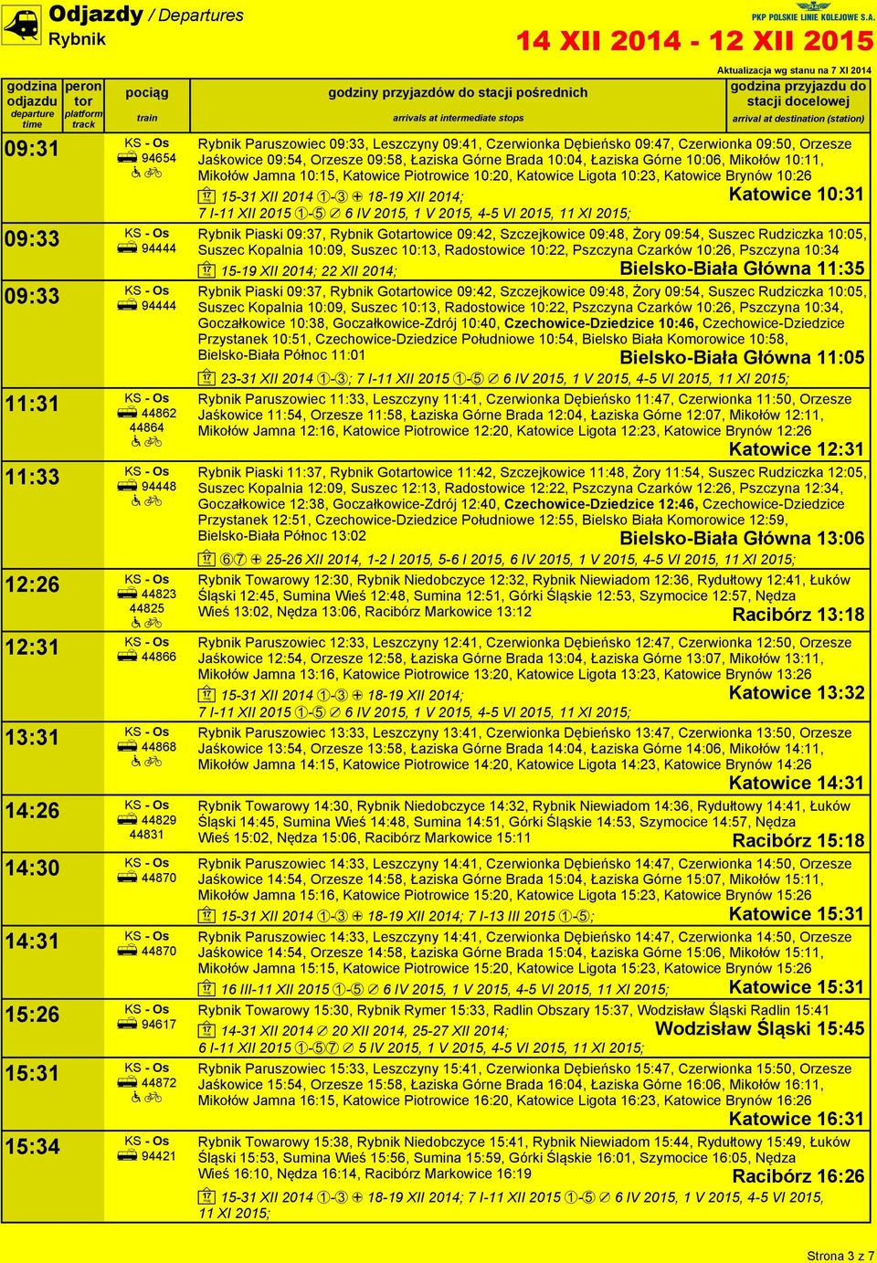 10:06, Mikołów 10:11, Mikołów Jamna 10:15, Katowice Piotrowice 10:20, Katowice Ligota 10:23, Katowice Brynów 10:26 Katowice 10:31 Rybnik Piaski 09:37, Rybnik Gotartowice 09:42, Szczejkowice 09:48,