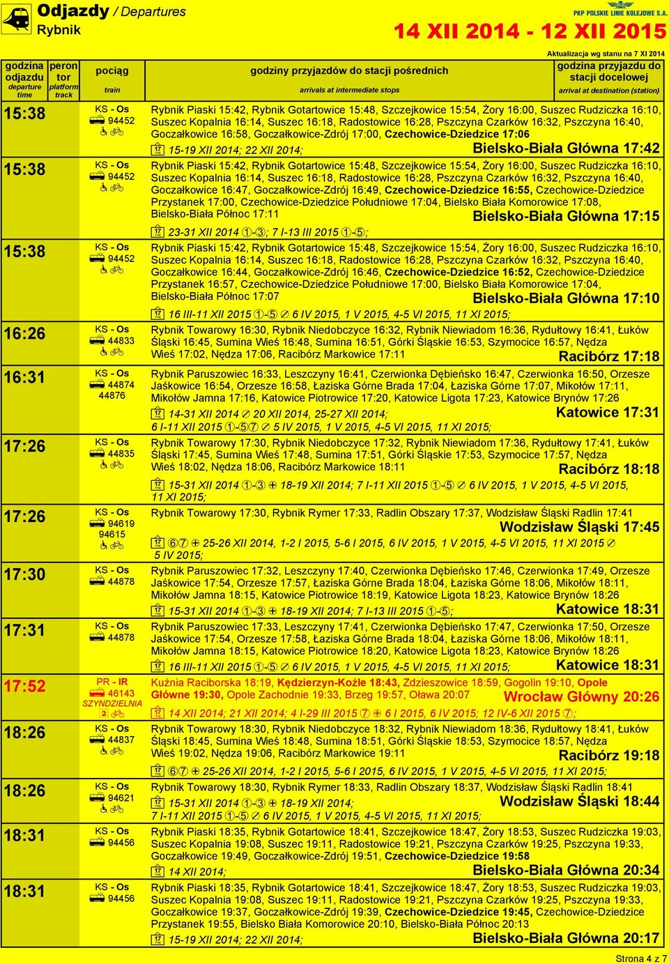 Goczałkowice 16:58, Goczałkowice-Zdrój 17:00, Czechowice-Dziedzice 17:06 Bielsko-Biała Główna 17:42 Rybnik  Goczałkowice 16:47, Goczałkowice-Zdrój 16:49, Czechowice-Dziedzice 16:55,