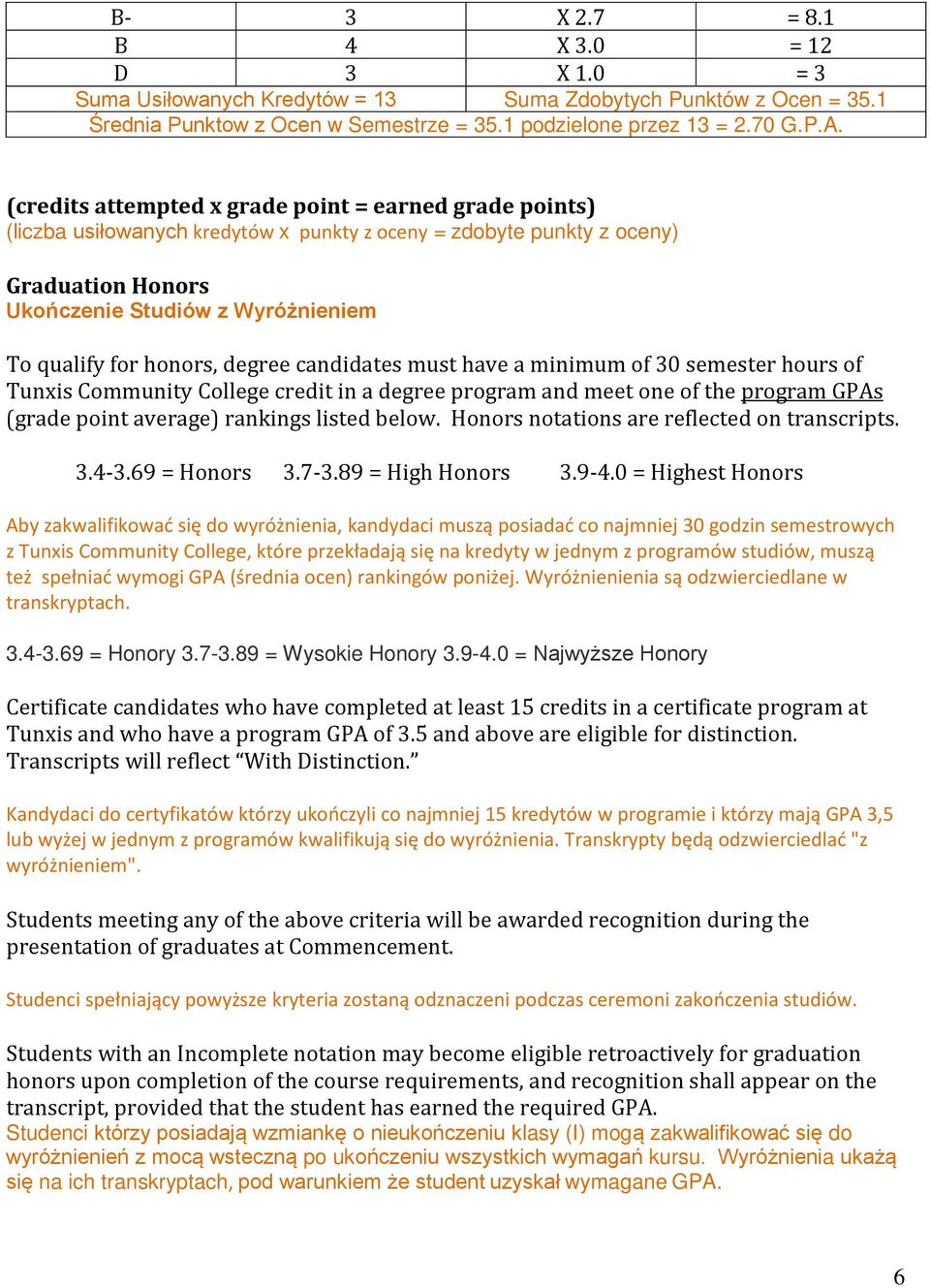 honors, degree candidates must have a minimum of 30 semester hours of Tunxis Community College credit in a degree program and meet one of the program GPAs (grade point average) rankings listed below.