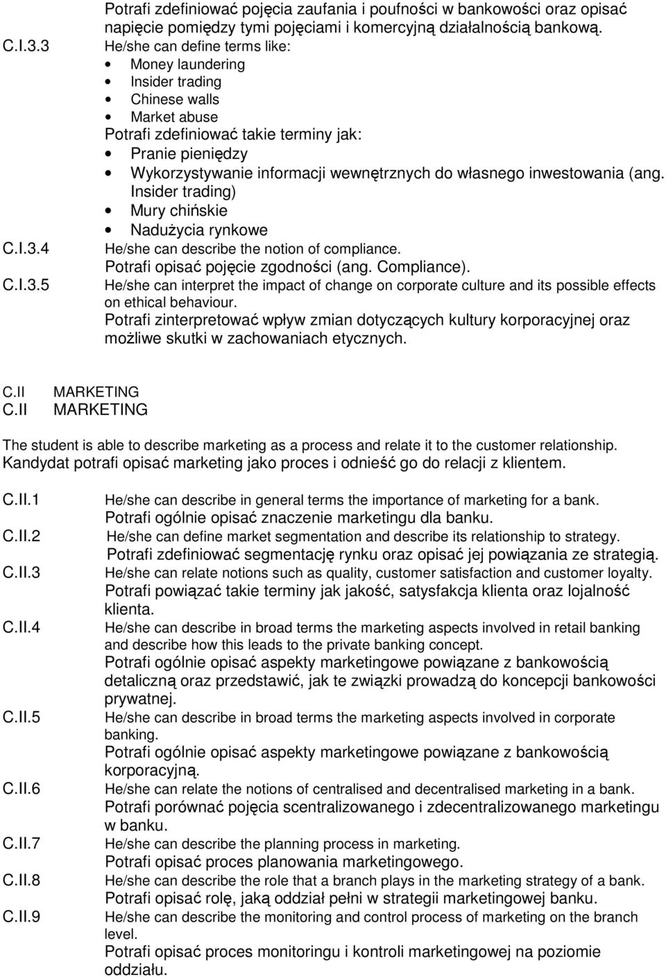 inwestowania (ang. Insider trading) Mury chińskie Nadużycia rynkowe He/she can describe the notion of compliance. Potrafi opisać pojęcie zgodności (ang. Compliance).