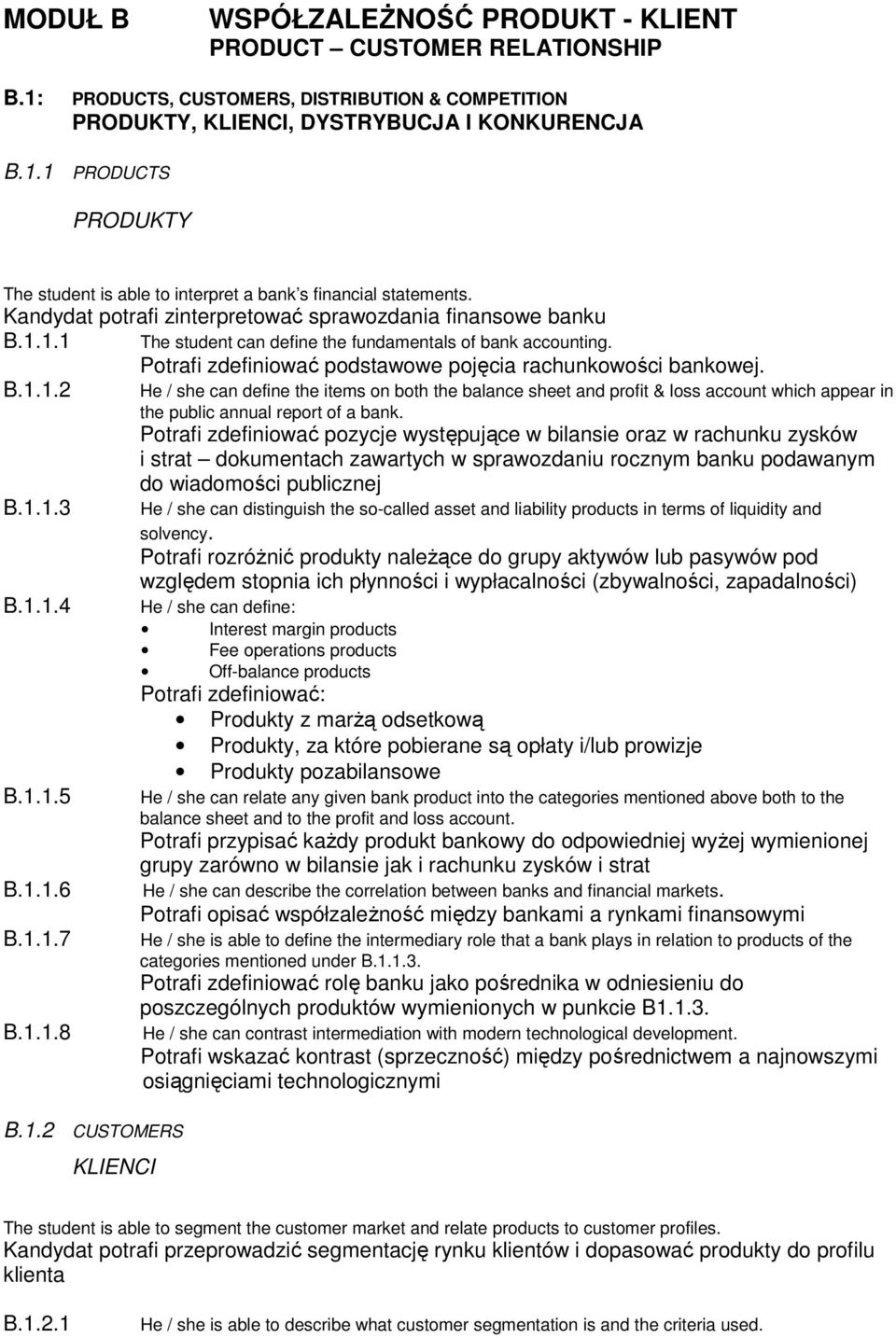 Potrafi zdefiniować pozycje występujące w bilansie oraz w rachunku zysków i strat dokumentach zawartych w sprawozdaniu rocznym banku podawanym do wiadomości publicznej B.1.