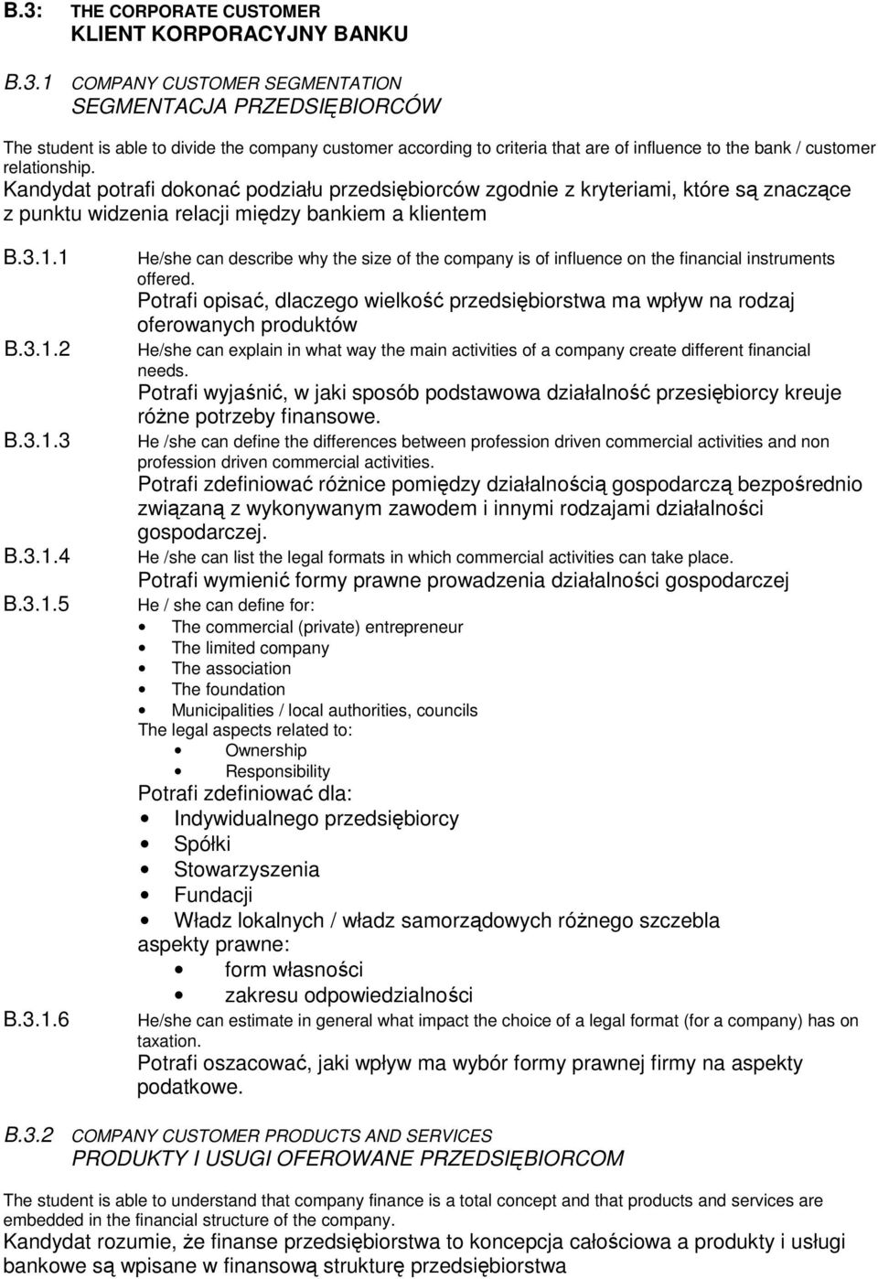 1 B.3.1.2 B.3.1.3 B.3.1.4 B.3.1.5 B.3.1.6 He/she can describe why the size of the company is of influence on the financial instruments offered.