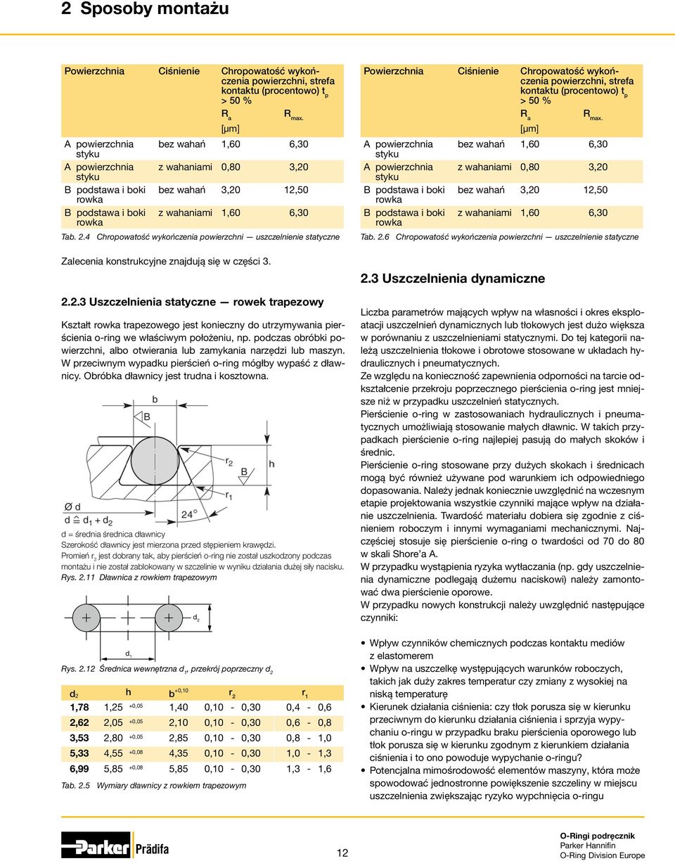 4 Chropowatość wykończenia powierzchni uszczelnienie statyczne Powierzchnia Ciśnienie Chropowatość wykończenia powierzchni, strefa kontaktu (procentowo) t p > 50 % A powierzchnia styku A powierzchnia