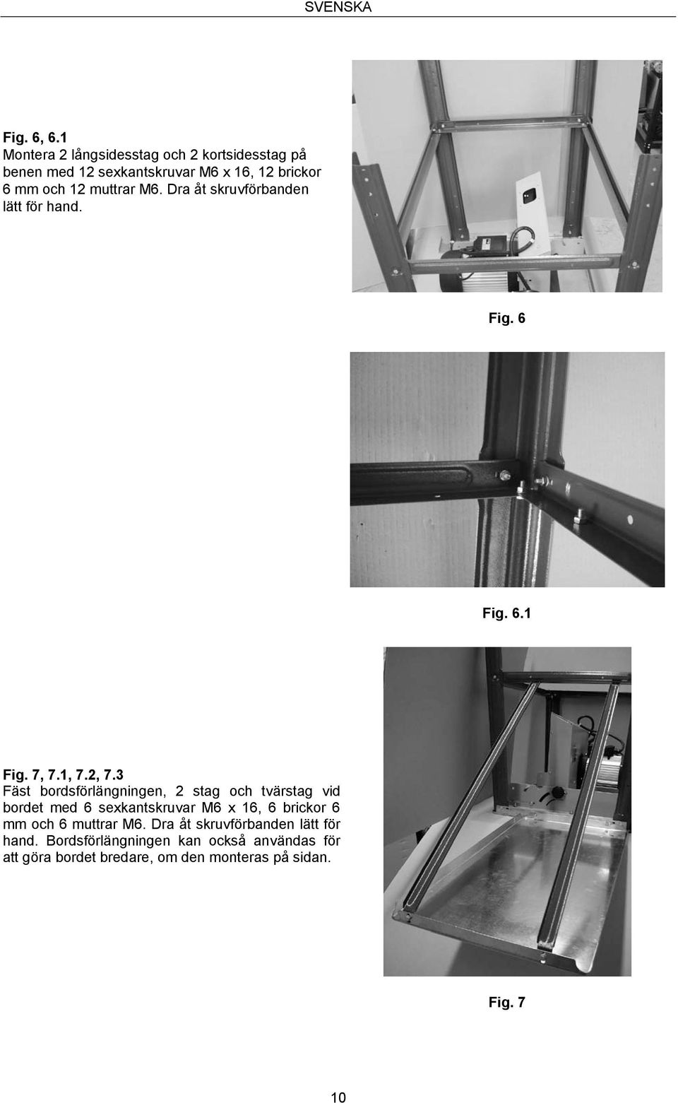 M6. Dra åt skruvförbanden lätt för hand. Fig. 6 Fig. 6.1 Fig. 7, 7.1, 7.2, 7.