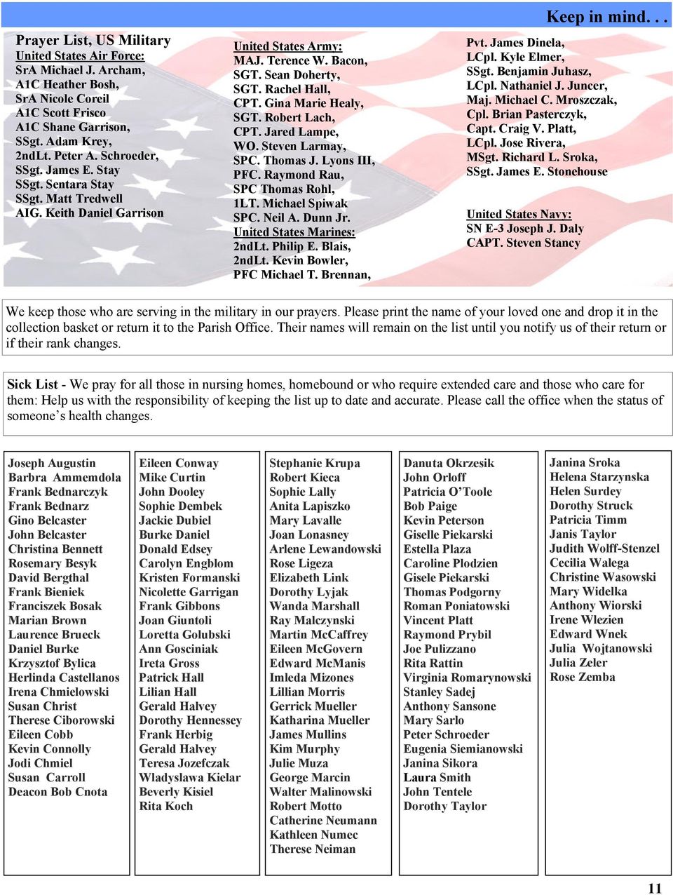 Robert Lach, CPT. Jared Lampe, WO. Steven Larmay, SPC. Thomas J. Lyons III, PFC. Raymond Rau, SPC Thomas Rohl, 1LT. Michael Spiwak SPC. Neil A. Dunn Jr. United States Marines: 2ndLt. Philip E.
