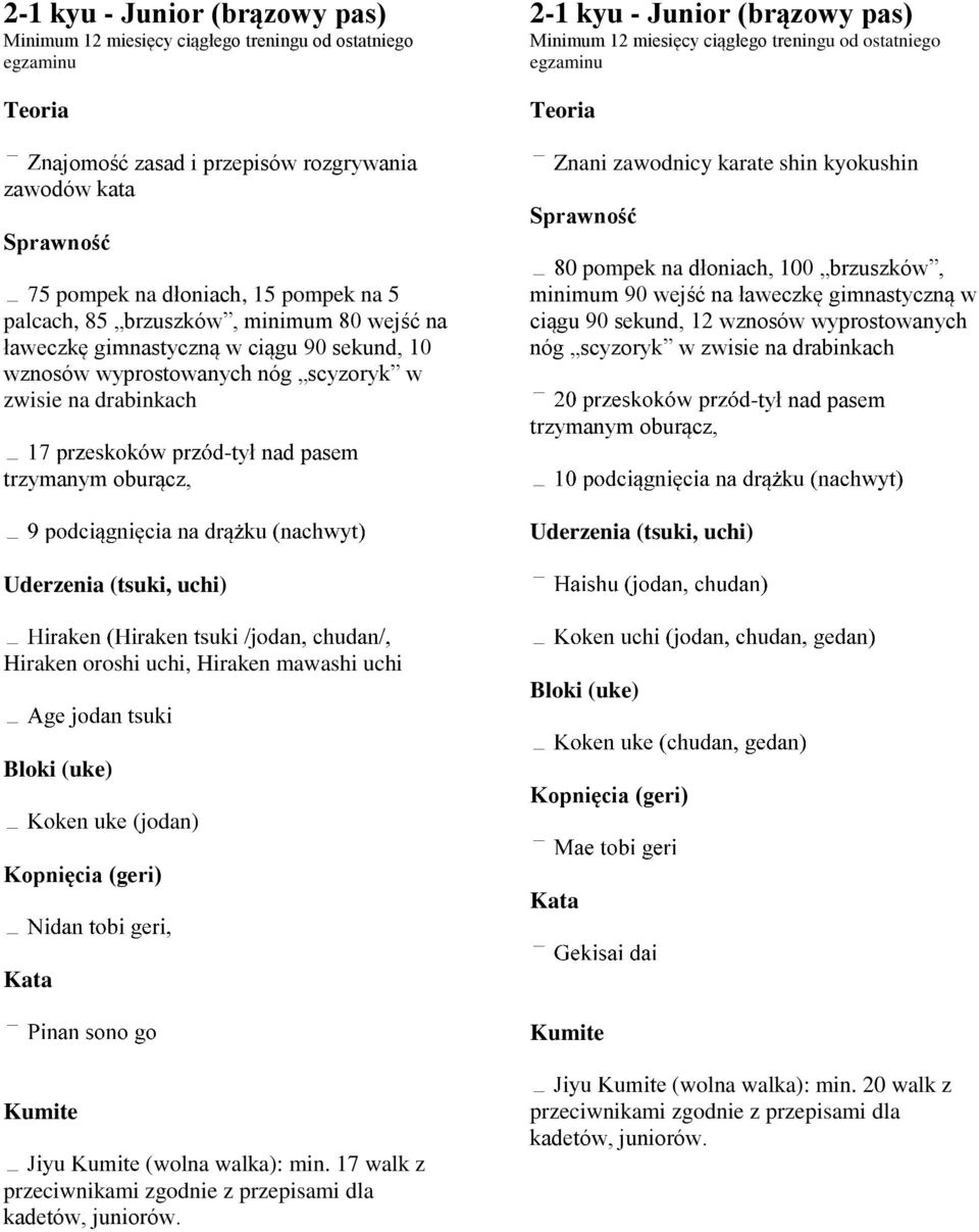 Minimum 12 miesięcy ciągłego treningu od ostatniego Znani zawodnicy karate shin kyokushin 0 pompek na dłoniach, 100 brzuszków, minimum 90 wejść na ławeczkę gimnastyczną w ciągu