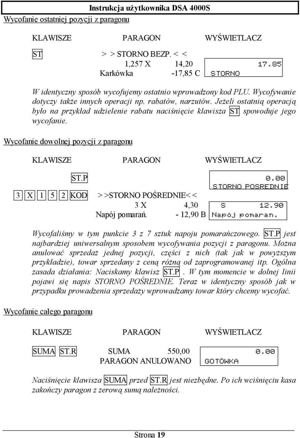 Wycofanie dowolnej pozycji z paragonu KLAWISZE PARAGON WYŚWIETLACZ ST.P 0.00 STORNO POSREDNIE 3 X 1 5 2 KOD > >STORNO POŚREDNIE< < 3 X 4,30 S 12.90 Napój pomarań. - 12,90 B Napój pomaran.