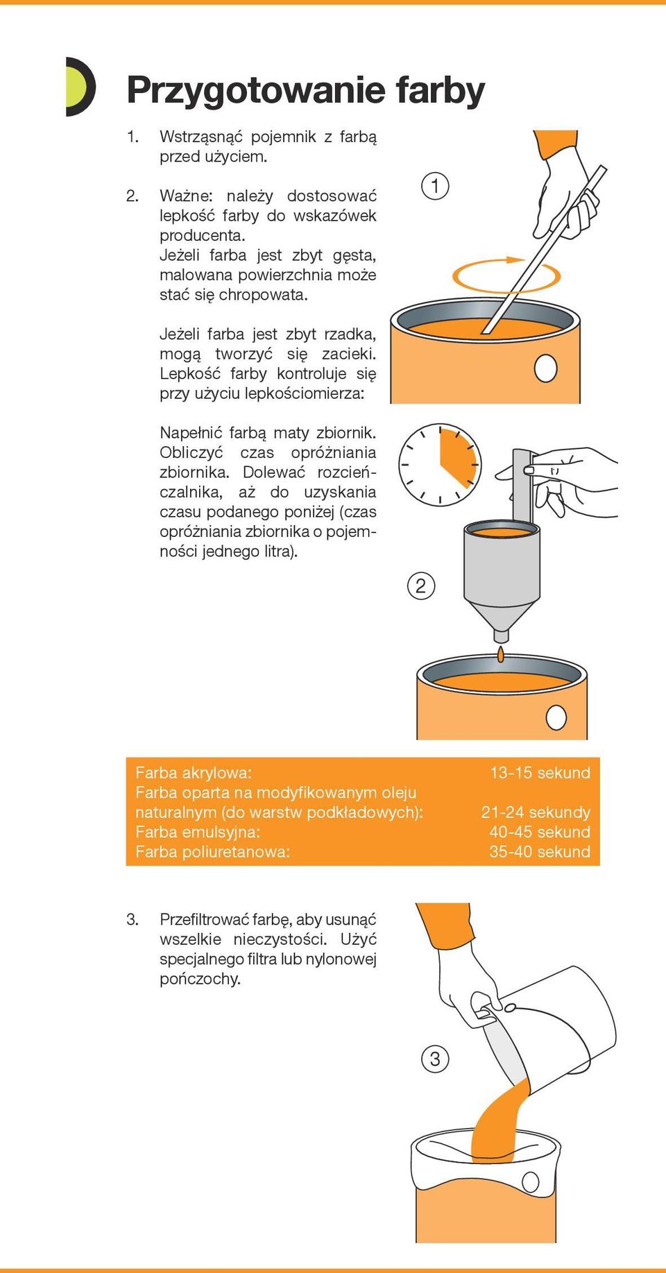Lepkość farby kontroluje się przy użyciu lepkościomierza: Napełnić farbą maty zbiornik. Obliczyć czas opróżniania zbiornika.