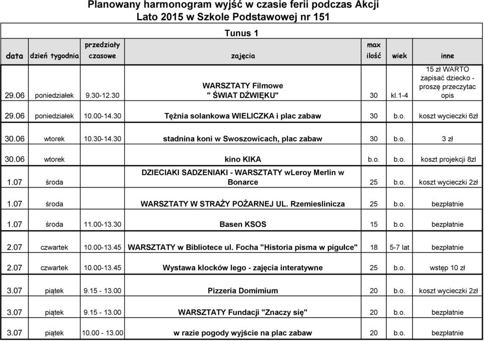 30 stadnina koni w Swoszowicach, plac zabaw 30 b.o. 3 zł 30.06 wtorek kino KIKA b.o. b.o. koszt projekcji 8zl 1.07 środa 1.07 środa WARSZTATY W STRAŻY POŻARNEJ UL. Rzemieslinicza 25 b.o. bezpłatnie 1.