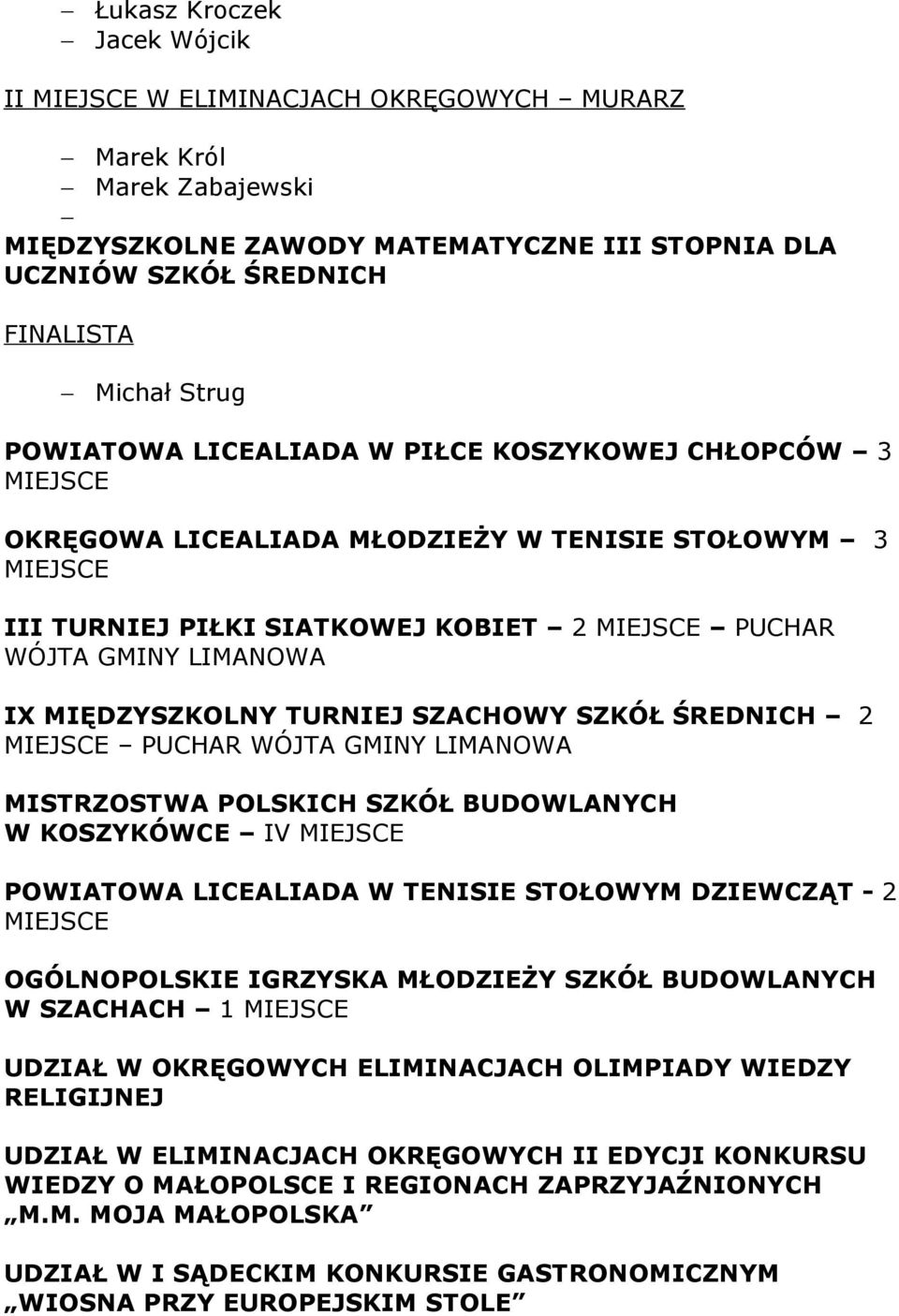 MIĘDZYSZKOLNY TURNIEJ SZACHOWY SZKÓŁ ŚREDNICH 2 MIEJSCE PUCHAR WÓJTA GMINY LIMANOWA MISTRZOSTWA POLSKICH SZKÓŁ BUDOWLANYCH W KOSZYKÓWCE IV MIEJSCE POWIATOWA LICEALIADA W TENISIE STOŁOWYM DZIEWCZĄT -