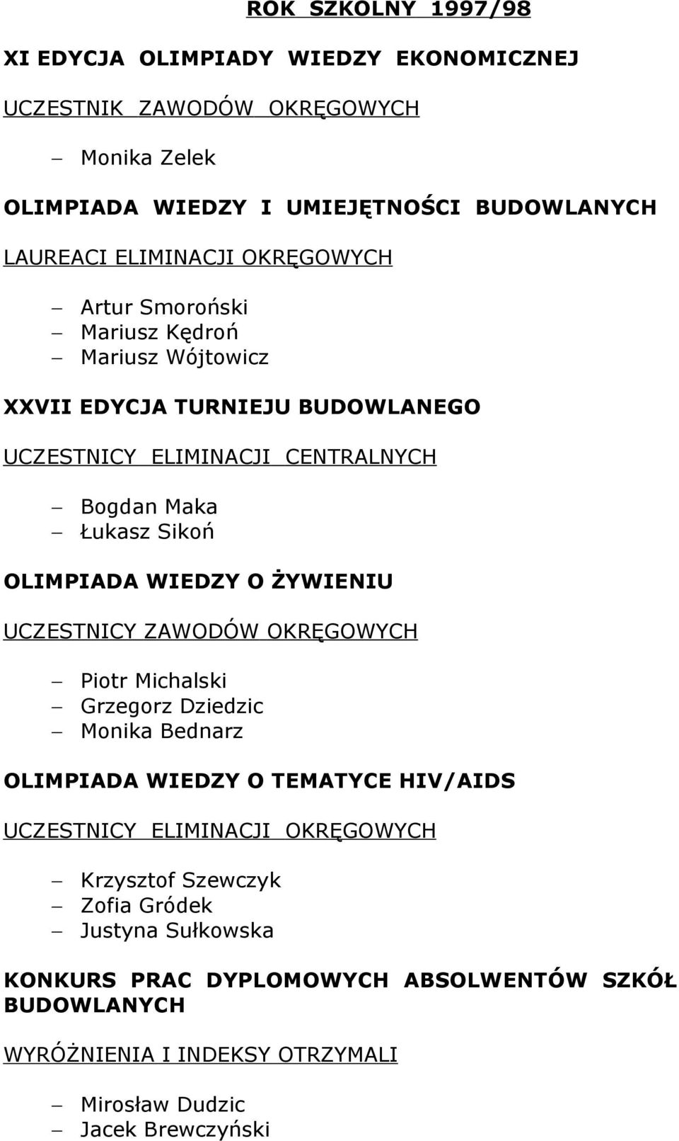 Sikoń OLIMPIADA WIEDZY O ŻYWIENIU Piotr Michalski Grzegorz Dziedzic Monika Bednarz OLIMPIADA WIEDZY O TEMATYCE HIV/AIDS UCZESTNICY ELIMINACJI OKRĘGOWYCH