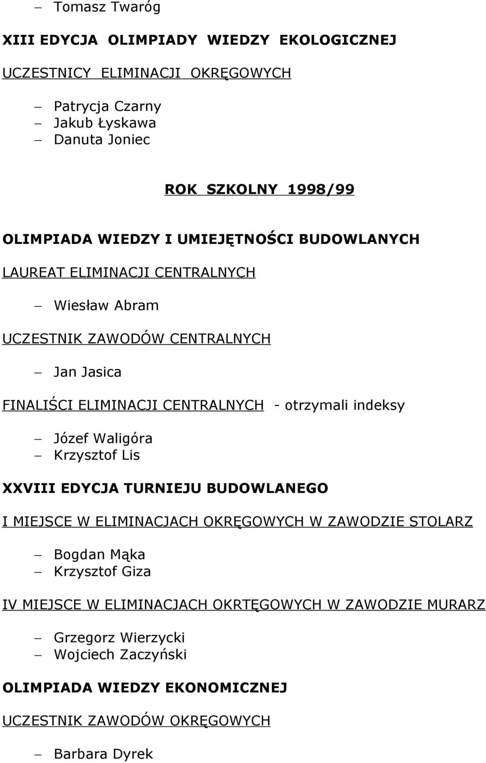 CENTRALNYCH - otrzymali indeksy Józef Waligóra Krzysztof Lis XXVIII EDYCJA TURNIEJU BUDOWLANEGO I MIEJSCE W ELIMINACJACH OKRĘGOWYCH W ZAWODZIE STOLARZ Bogdan