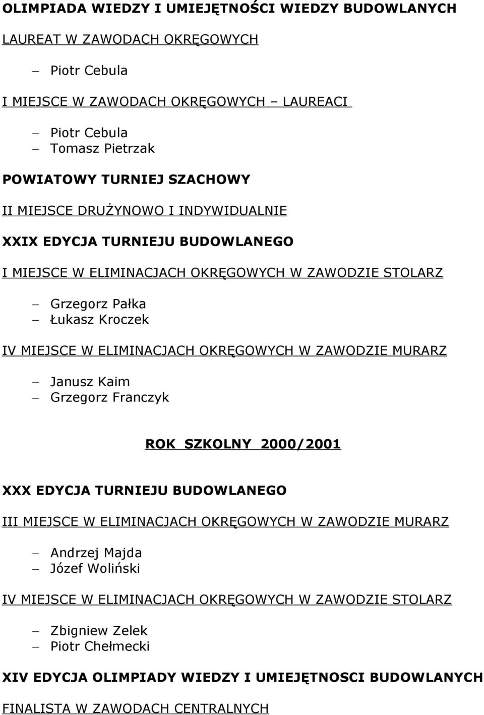 ELIMINACJACH OKRĘGOWYCH W ZAWODZIE MURARZ Janusz Kaim Grzegorz Franczyk ROK SZKOLNY 2000/2001 XXX EDYCJA TURNIEJU BUDOWLANEGO III MIEJSCE W ELIMINACJACH OKRĘGOWYCH W ZAWODZIE MURARZ