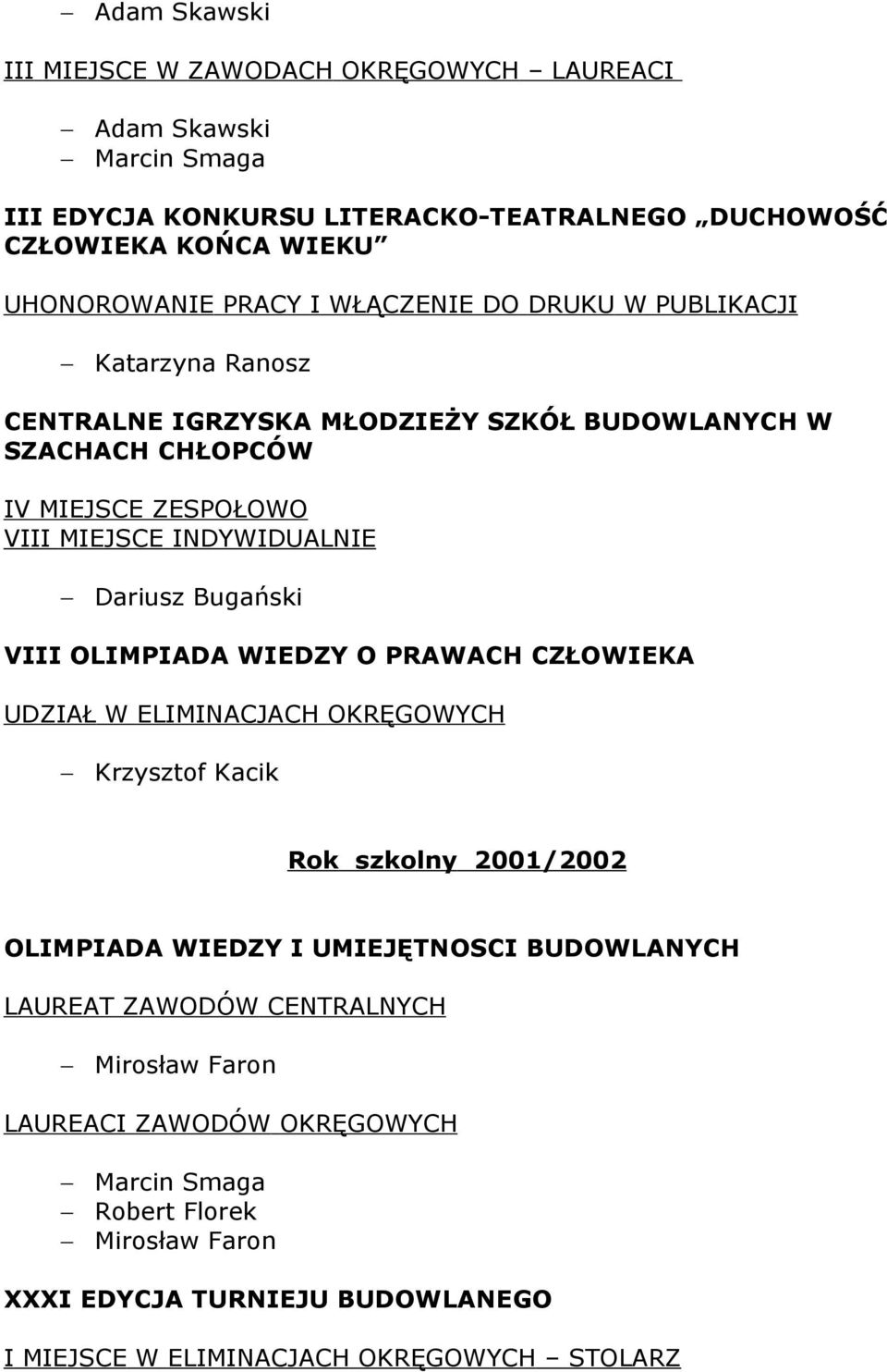 Bugański VIII OLIMPIADA WIEDZY O PRAWACH CZŁOWIEKA UDZIAŁ W ELIMINACJACH OKRĘGOWYCH Krzysztof Kacik Rok szkolny 2001/2002 OLIMPIADA WIEDZY I UMIEJĘTNOSCI BUDOWLANYCH LAUREAT