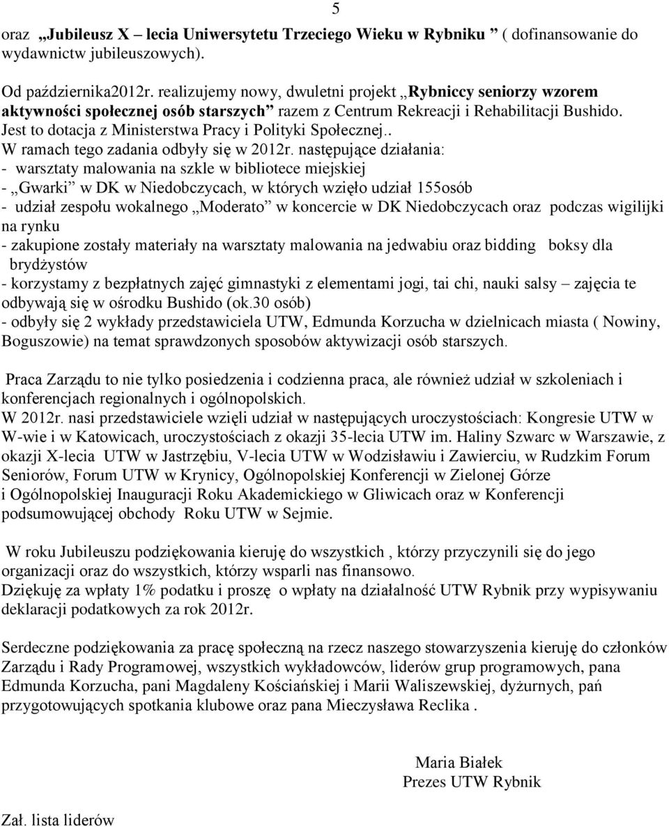 Jest to dotacja z Ministerstwa Pracy i Polityki Społecznej.. W ramach tego zadania odbyły się w 2012r.