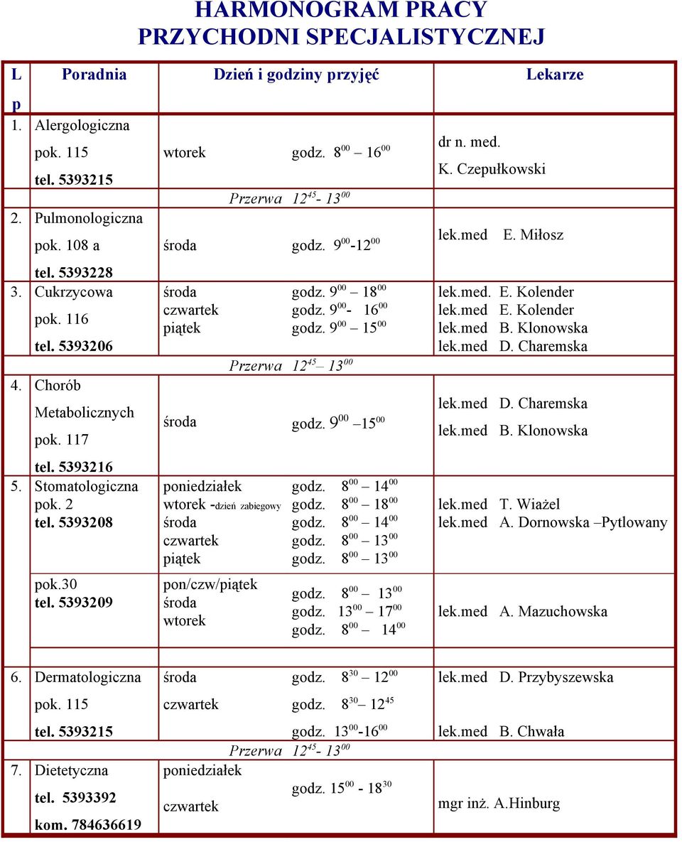 Miłosz godz. 9 00 18 00 godz. 9 00-16 00 godz. 9 00 15 00 Przerwa 12 45 13 00 lek.med. E. Kolender lek.med E. Kolender lek.med B. Klonowska lek.med D. Charemska godz. 9 00 15 00 lek.med B. Klonowska lek.med D. Charemska -dzień zabiegowy pon/czw/ godz.