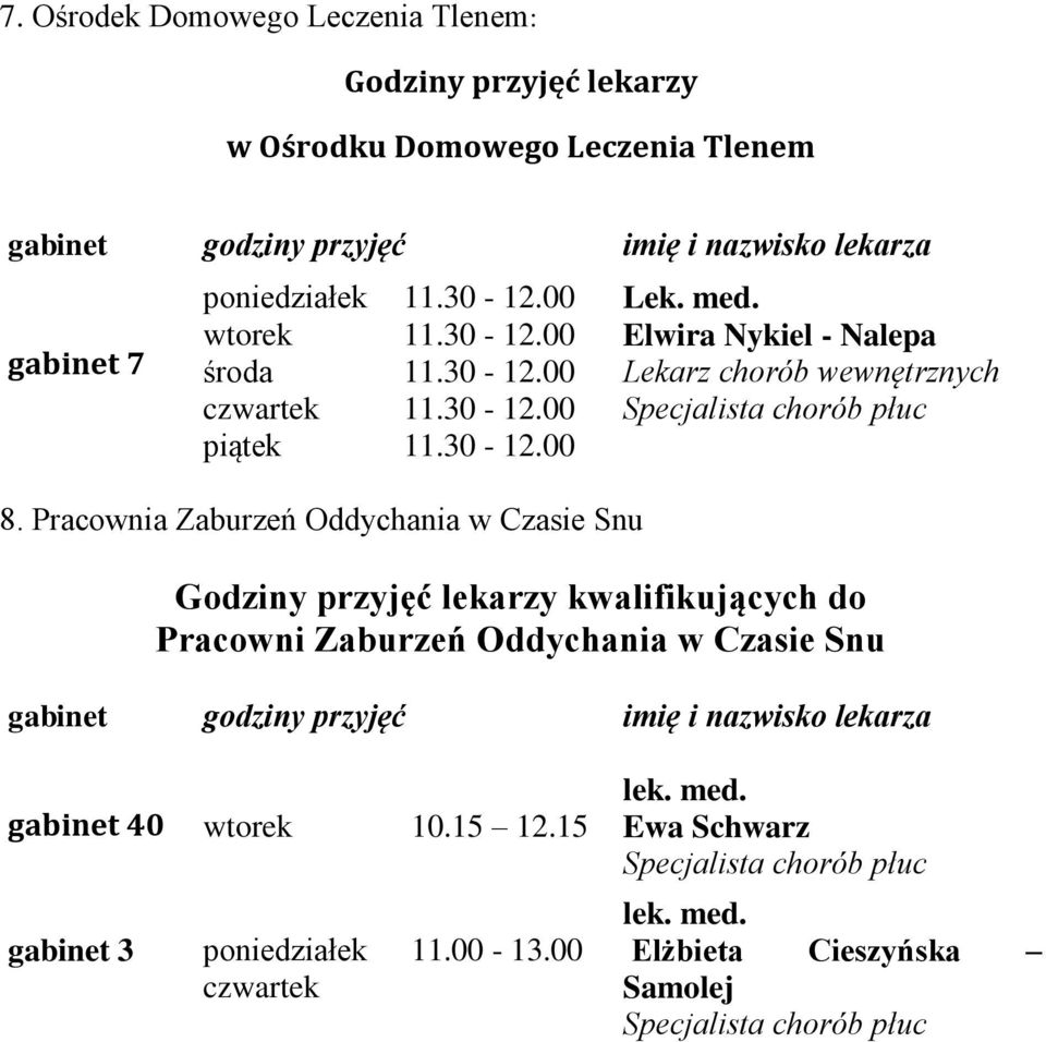 Elwira Nykiel - Nalepa Lekarz chorób wewnętrznych Specjalista chorób płuc Godziny przyjęć lekarzy kwalifikujących do Pracowni Zaburzeń Oddychania w Czasie Snu