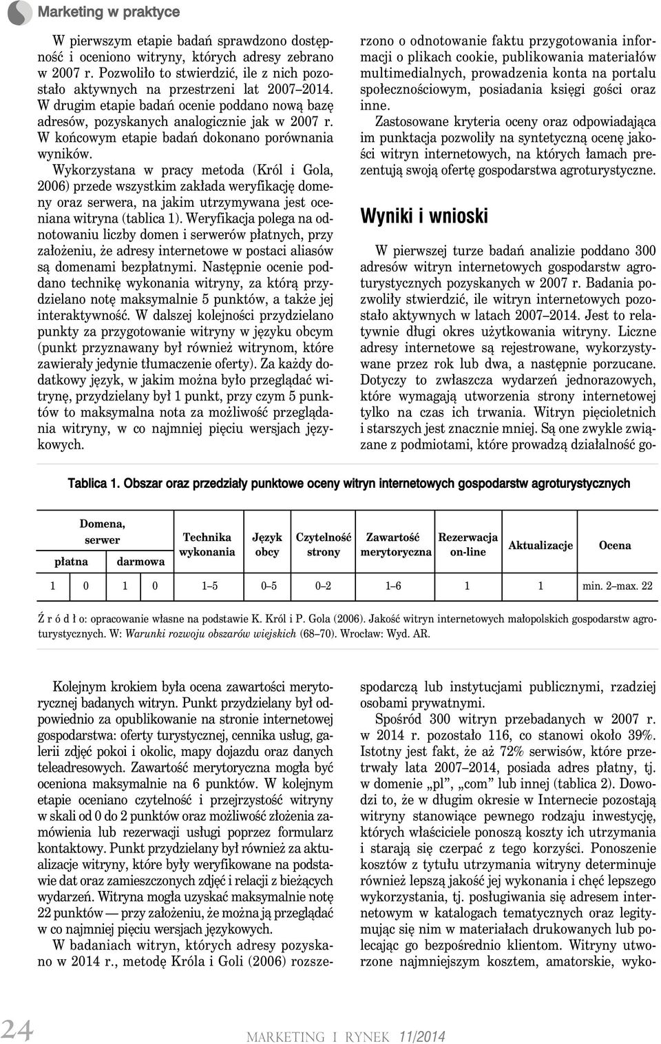 Wykorzystana w pracy metoda (Król i Gola, 2006) przede wszystkim zakłada weryfikację domeny oraz serwera, na jakim utrzymywana jest oceniana witryna (tablica 1).