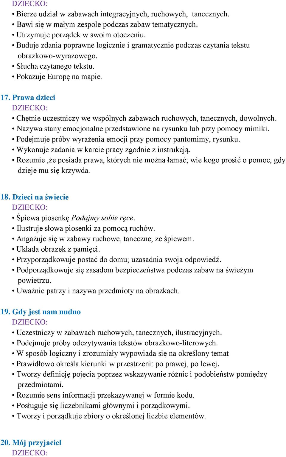 Prawa dzieci Chętnie uczestniczy we wspólnych zabawach ruchowych, tanecznych, dowolnych. Nazywa stany emocjonalne przedstawione na rysunku lub przy pomocy mimiki.