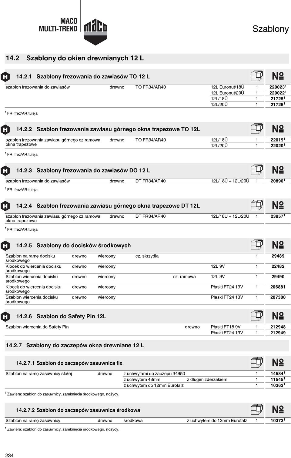 2.4 Szablon frezowania zawiasu górnego okna trapezowe DT 2L szablon frezowania zawiasu górnego cz.ramowa okna trapezowe drewno DT FR34/AR40 2L/8Ü + 2L/20Ü 23957 FR: frez/ar:tuleja 4.2.5 Szablony do docisków środkowych Szablon na ramę docisku Klocek do wiercenia docisku Szablon wiercenia docisku Klocek do wiercenia docisku Szablon wiercenia docisku drewno wiercony cz.