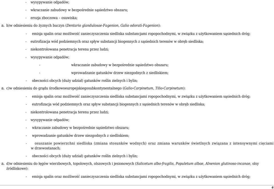 użytkowaniem sąsiednich dróg; - eutrofizacja wód podziemnych oraz spływ substancji biogennych z sąsiednich terenów w obręb siedliska; - niekontrolowana penetracja terenu przez ludzi; - wysypywanie