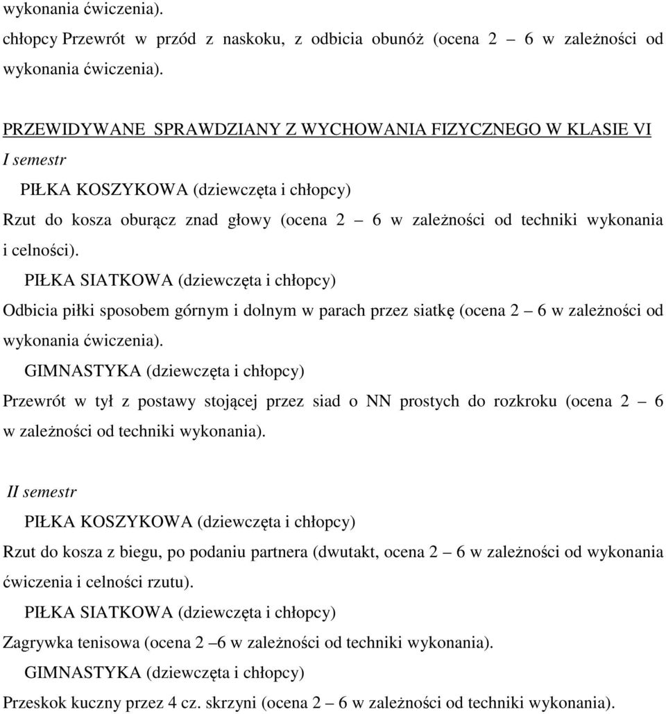 celności). PIŁKA SIATKOWA (dziewczęta i chłopcy) Odbicia piłki sposobem górnym i dolnym w parach przez siatkę (ocena 2 6 w zależności od wykonania ćwiczenia).