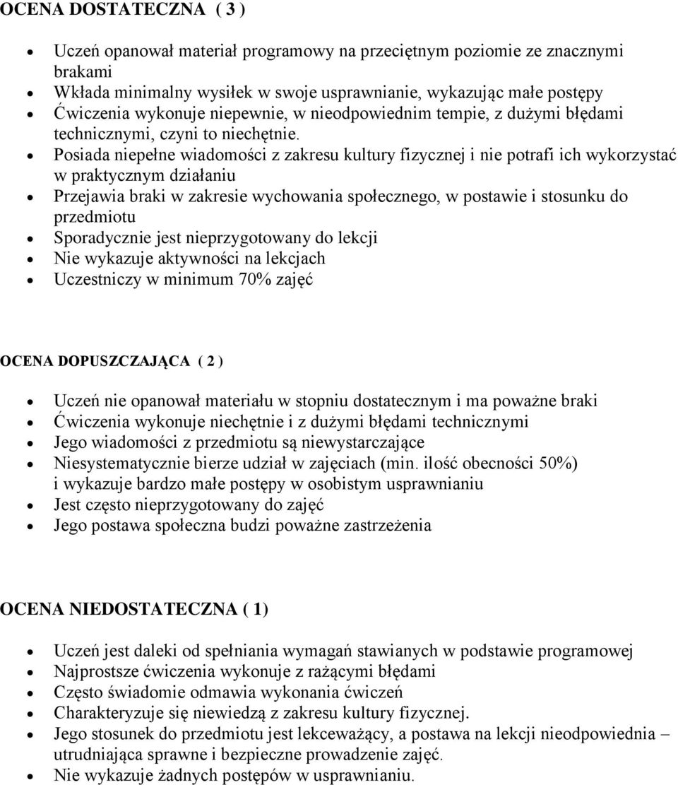 Posiada niepełne wiadomości z zakresu kultury fizycznej i nie potrafi ich wykorzystać w praktycznym działaniu Przejawia braki w zakresie wychowania społecznego, w postawie i stosunku do przedmiotu