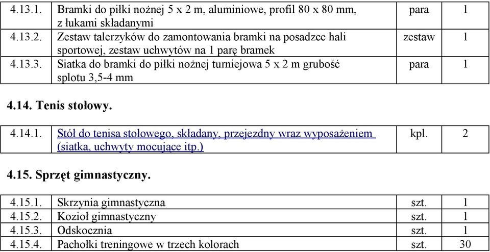) kpl. 2 4.15. Sprzęt gimnastyczny. 4.15.1. Skrzynia gimnastyczna szt. 1 4.15.2. Kozioł gimnastyczny szt. 1 4.15.3. Odskocznia szt. 1 4.15.4. Pachołki treningowe w trzech kolorach szt.