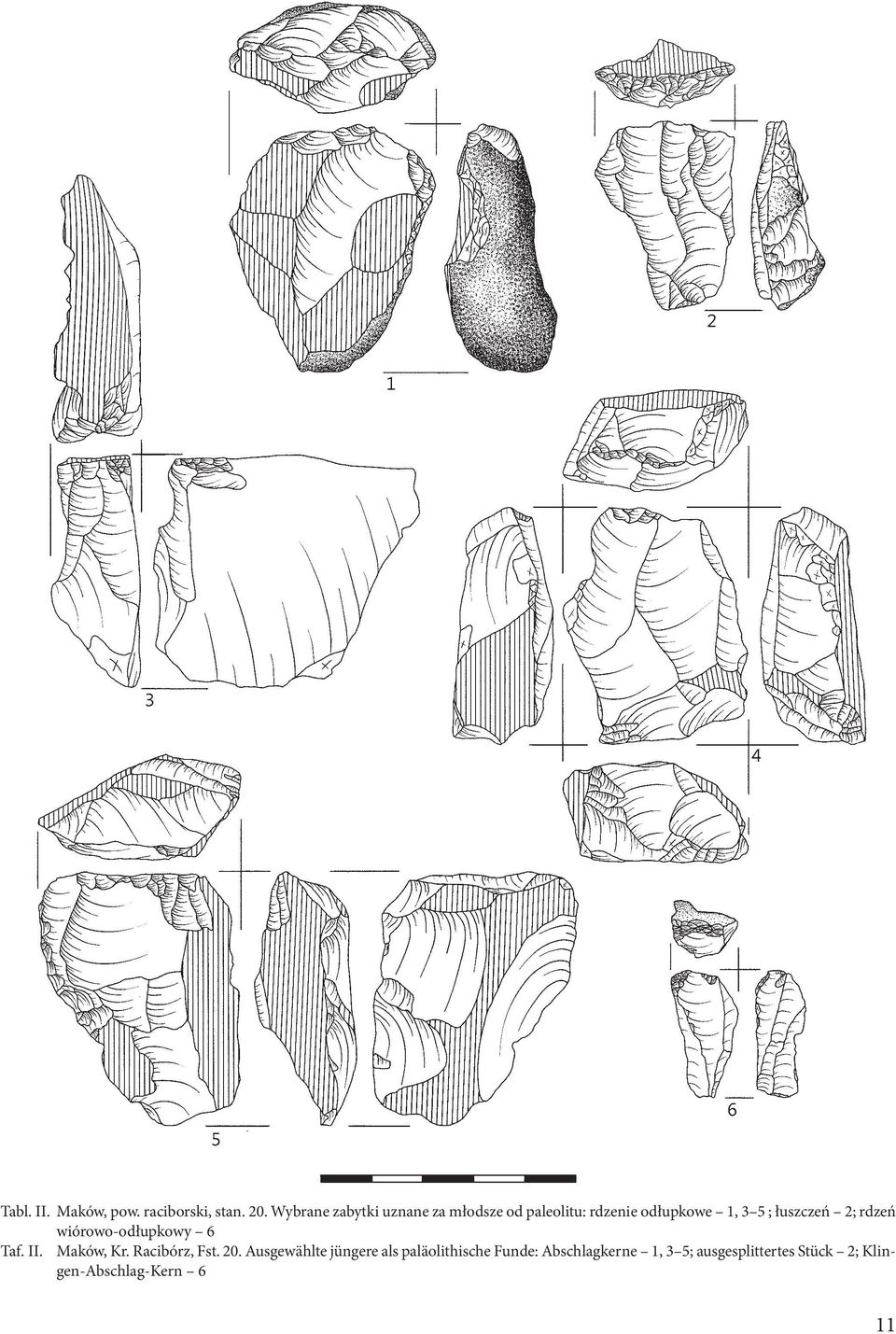 łuszczeń 2; rdzeń wiórowo-odłupkowy 6 Taf. II. Maków, Kr. Racibórz, Fst. 20.