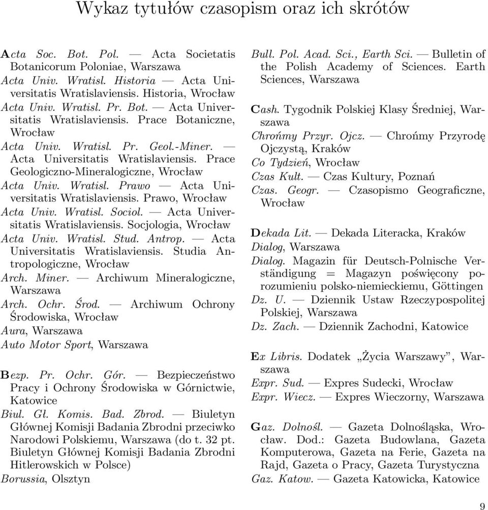 Wratisl. Prawo Acta Universitatis Wratislaviensis. Prawo, Wrocław Acta Univ. Wratisl. Sociol. Acta Universitatis Wratislaviensis. Socjologia, Wrocław Acta Univ. Wratisl. Stud. Antrop.