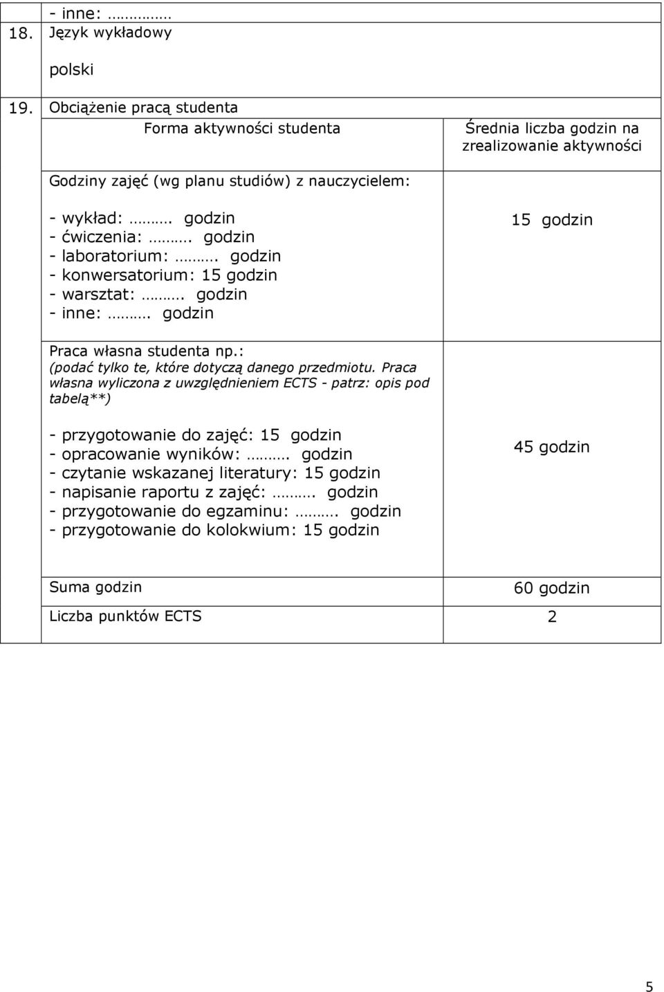 godzin - laboratorium:. godzin - konwersatorium: 15 godzin - warsztat:. godzin - inne:. godzin 15 godzin Praca własna studenta np.: (podać tylko te, które dotyczą danego przedmiotu.