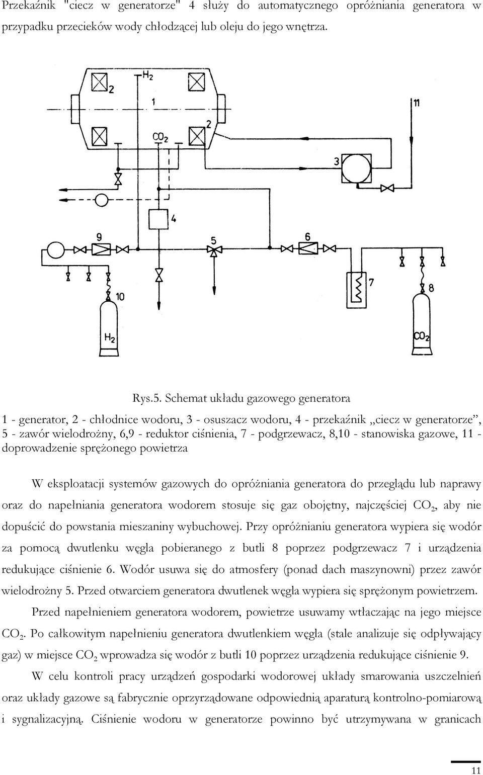- stanowiska gazowe, 11 - doprowadzenie spręŝonego powietrza W eksploatacji systemów gazowych do opróŝniania generatora do przeglądu lub naprawy oraz do napełniania generatora wodorem stosuje się gaz