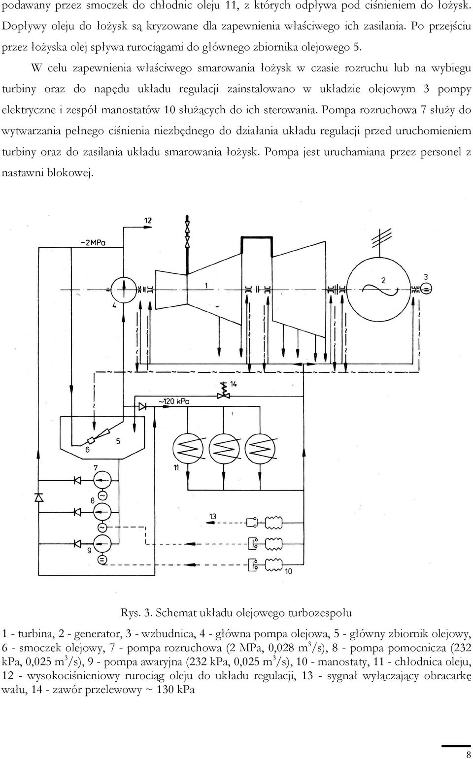 W celu zapewnienia właściwego smarowania łoŝysk w czasie rozruchu lub na wybiegu turbiny oraz do napędu układu regulacji zainstalowano w układzie olejowym 3 pompy elektryczne i zespół manostatów 10