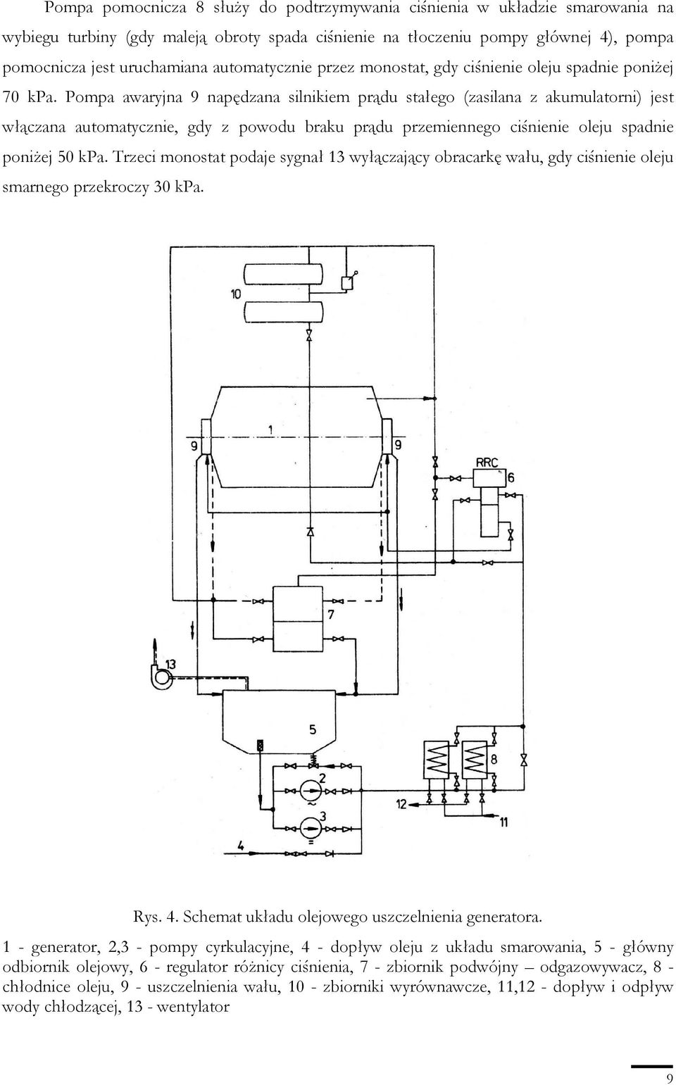 Pompa awaryjna 9 napędzana silnikiem prądu stałego (zasilana z akumulatorni) jest włączana automatycznie, gdy z powodu braku prądu przemiennego ciśnienie oleju spadnie poniŝej 50 kpa.