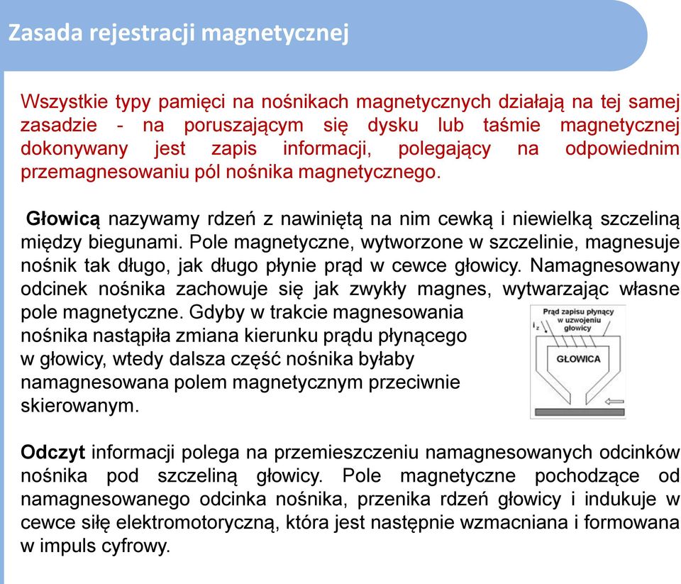 Pole magnetyczne, wytworzone w szczelinie, magnesuje nośnik tak długo, jak długo płynie prąd w cewce głowicy.