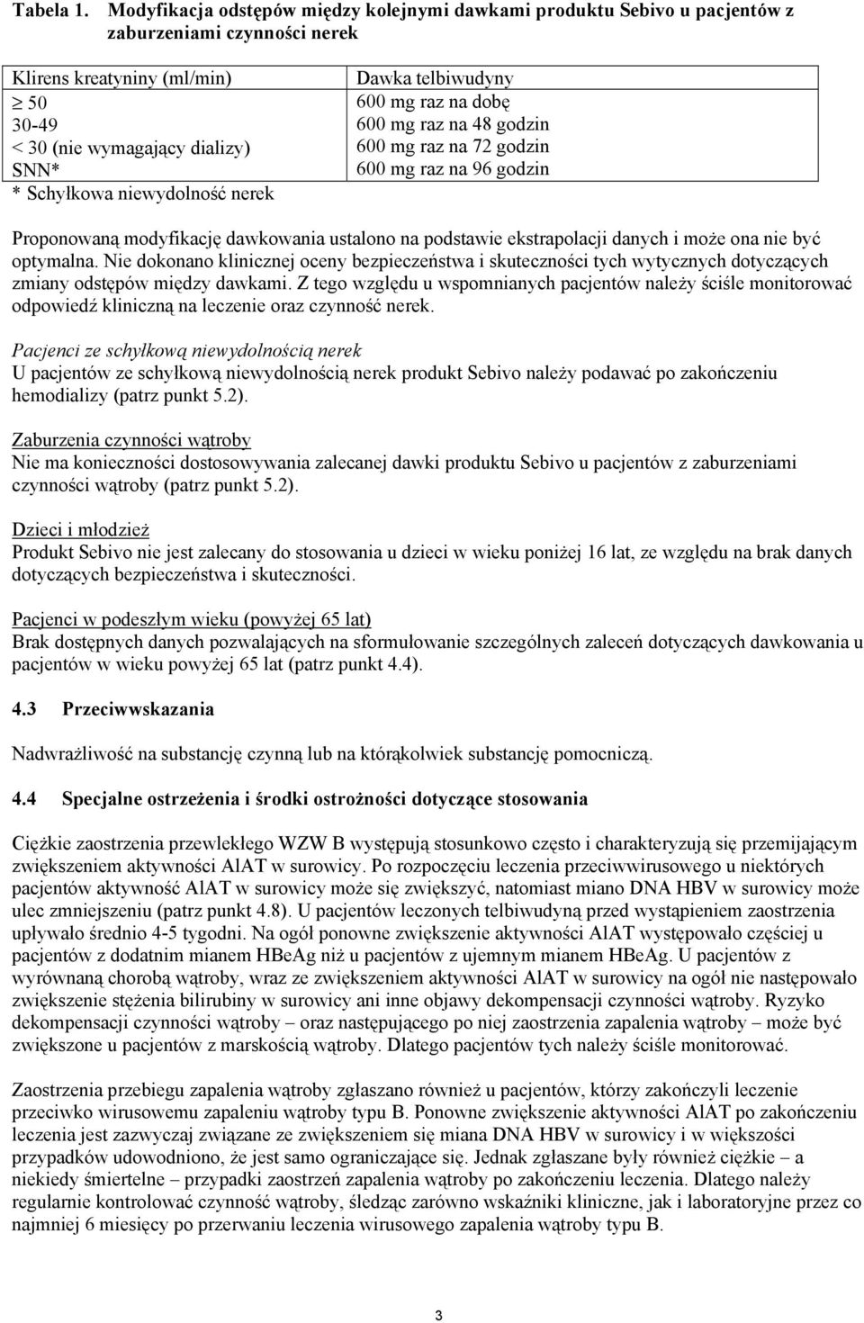 niewydolność nerek Dawka telbiwudyny 600 mg raz na dobę 600 mg raz na 48 godzin 600 mg raz na 72 godzin 600 mg raz na 96 godzin Proponowaną modyfikację dawkowania ustalono na podstawie ekstrapolacji