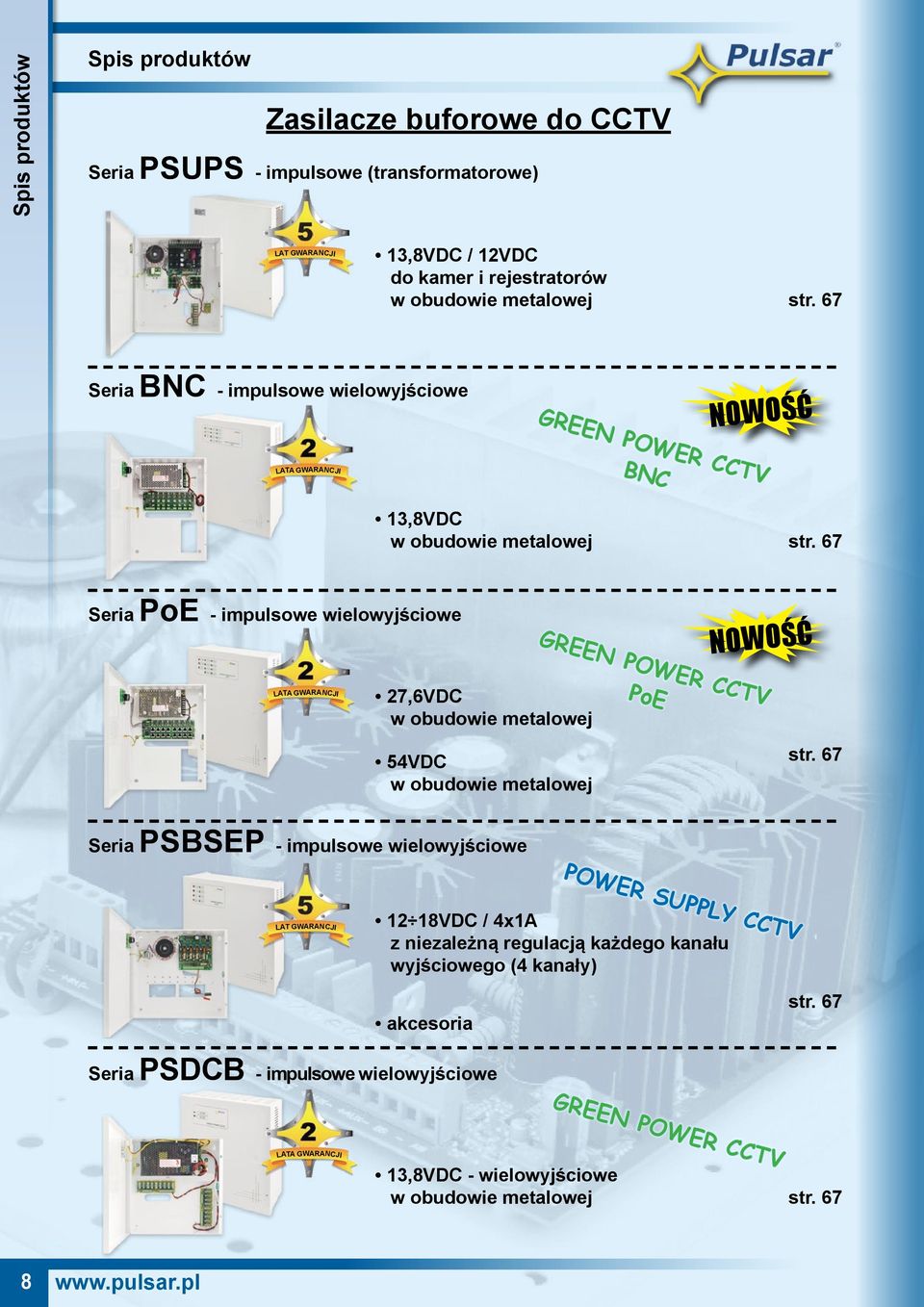 67 Seria PoE - impulsowe wielowyjściowe NOWOŚĆ 27,6VDC w obudowie metalowej GREEN POWER CCTV PoE 54VDC w obudowie metalowej str.