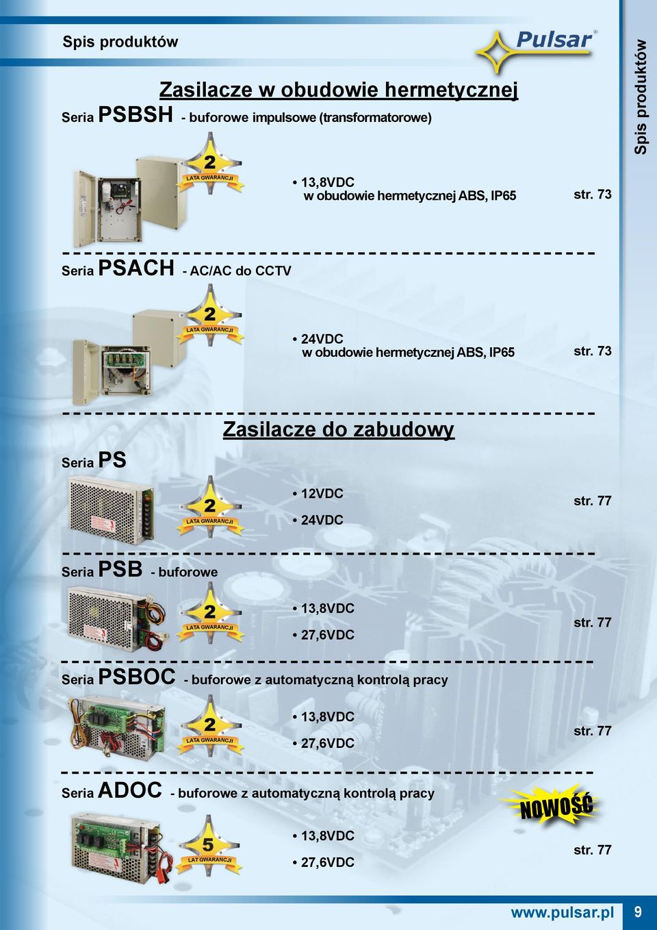 73 Seria PS Zasilacze do zabudowy 12VDC 24VDC str. 77 Seria PSB - buforowe 13,8VDC 27,6VDC str.