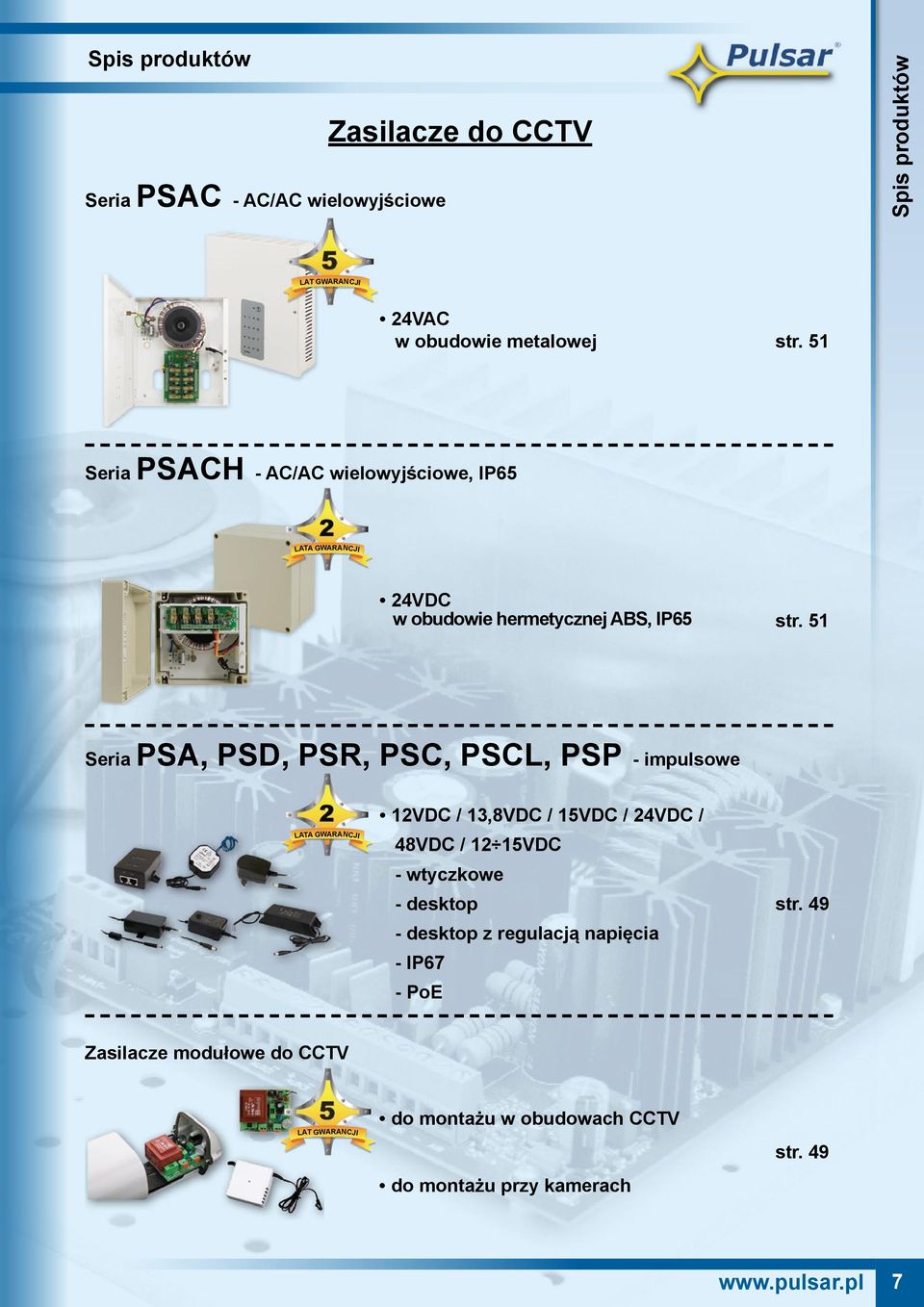 51 Seria PSA, PSD, PSR, PSC, PSCL, PSP - impulsowe 12VDC / 13,8VDC / 15VDC / 24VDC / 48VDC / 12 15VDC - wtyczkowe - desktop