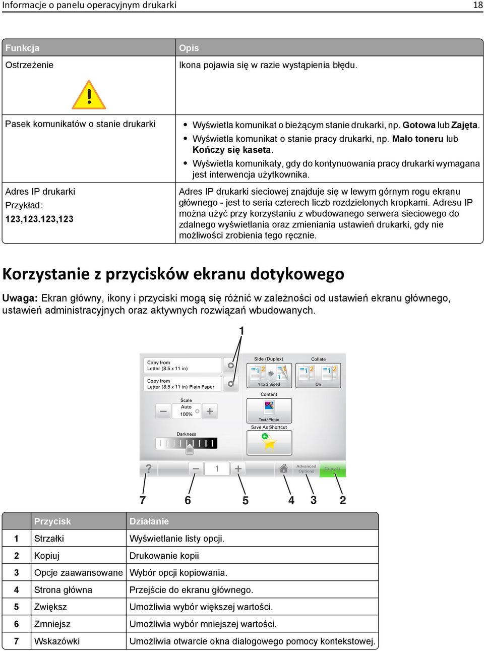 Wyświetla komunikaty, gdy do kontynuowania pracy drukarki wymagana jest interwencja użytkownika.