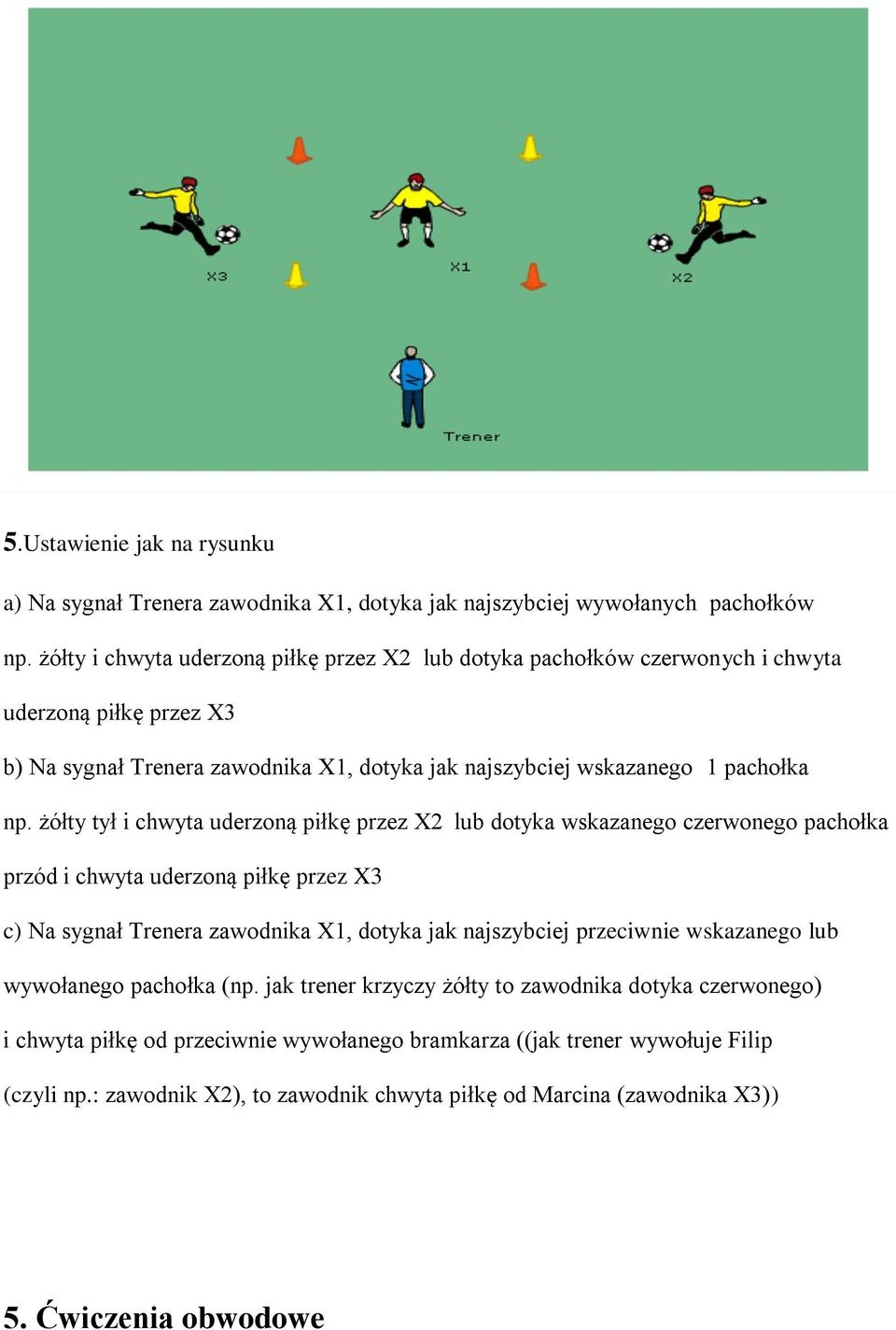 żółty tył i chwyta uderzoną piłkę przez X2 lub dotyka wskazanego czerwonego pachołka przód i chwyta uderzoną piłkę przez X3 c) Na sygnał Trenera zawodnika X1, dotyka jak najszybciej