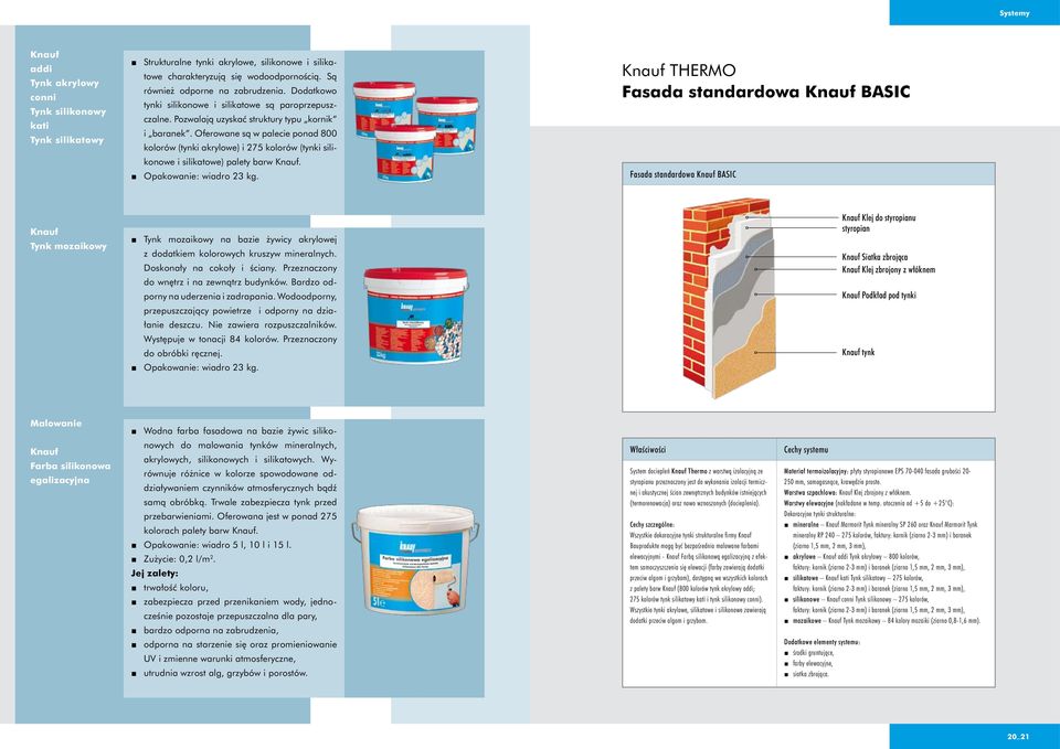 Oferowane są w palecie ponad 800 kolorów (tynki akrylowe) i 275 kolorów (tynki sili- THERMO Fasada standardowa BASIC konowe i silikatowe) palety barw. Opakowanie: wiadro 23 kg.