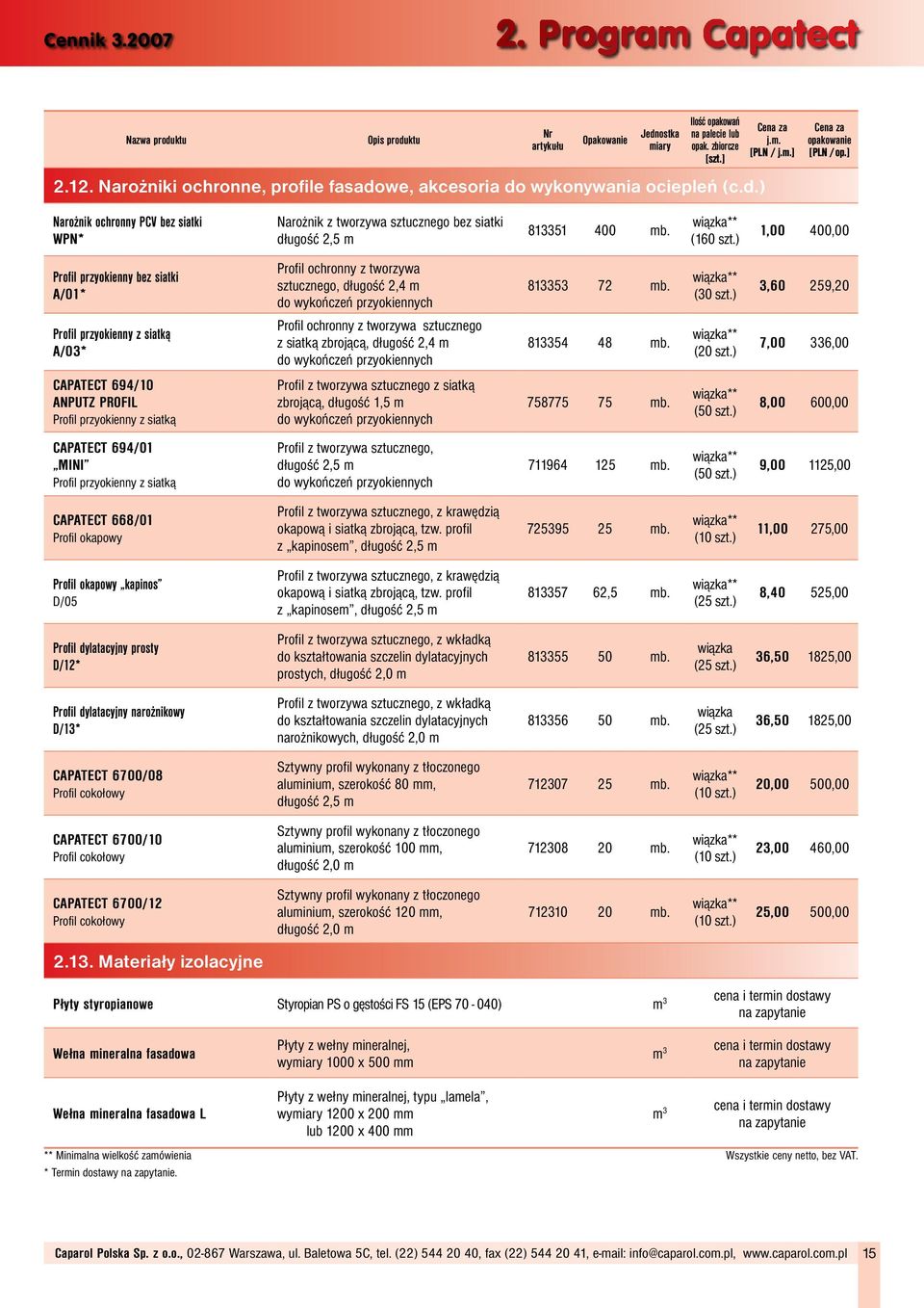 ) 1,00 400,00 Profil przyokienny bez siatki A/01* Profil ochronny z tworzywa sztucznego, długość 2,4 m do wykończeń przyokiennych 813353 72 mb. wiązka** (30 szt.